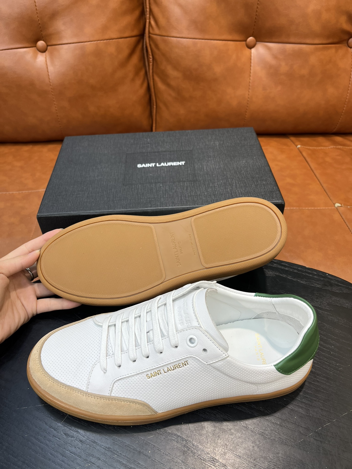 Yves Saint Laurent White Leather Sneakers with Green Heel Tab, Size 36-45 3 i1715597641 3453 0