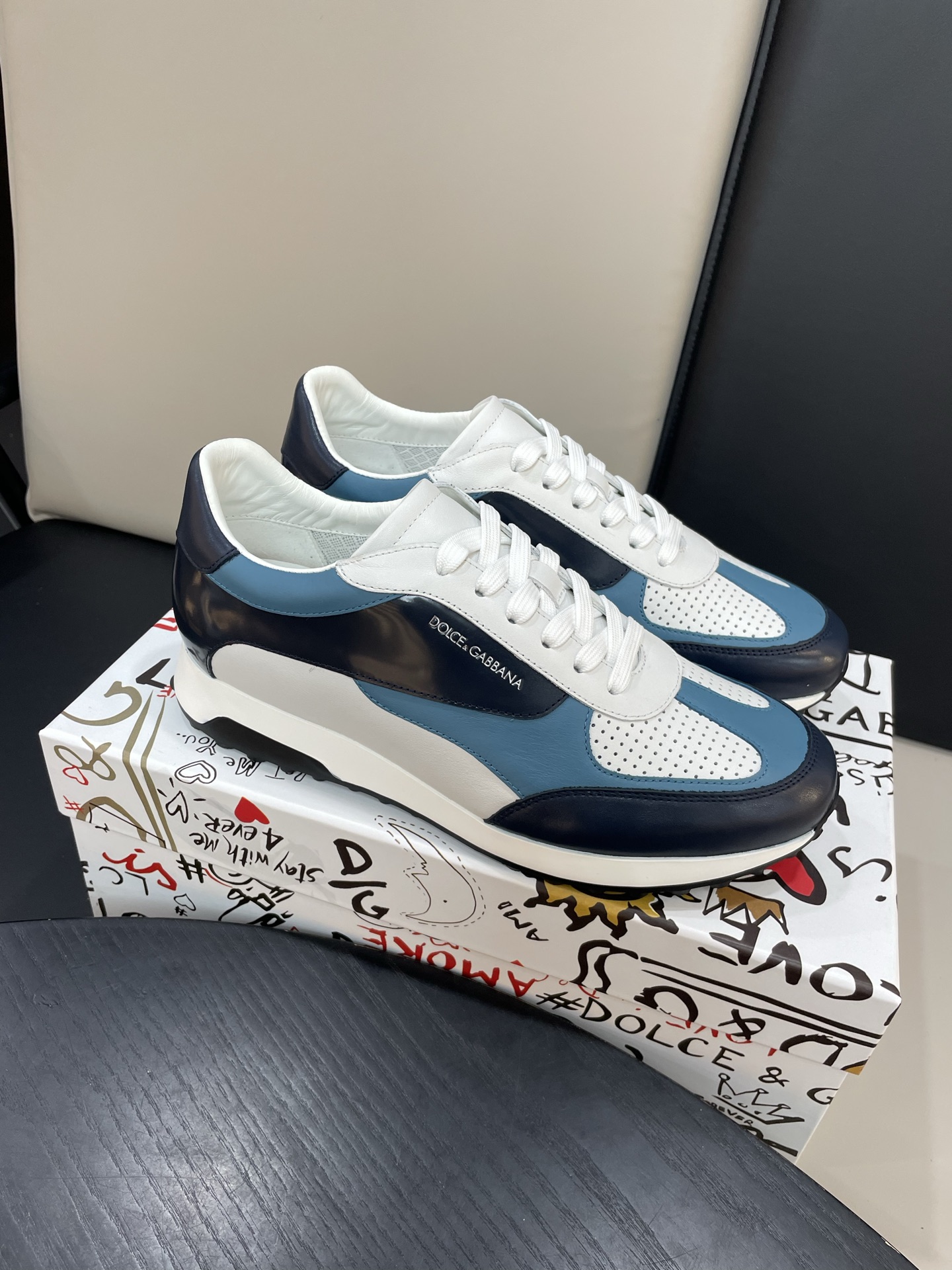 Dolce & Gabbana Men's Leather Sneakers, Blue/White, Size 38-45 10 i1744451391076 7681 0 8