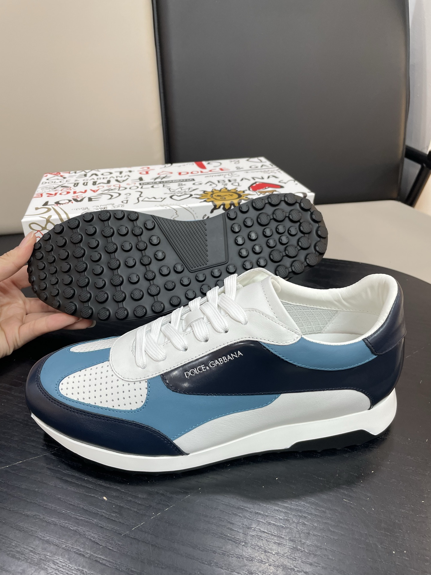 Dolce & Gabbana Men's Leather Sneakers, Blue/White, Size 38-45 4 i1744451391127 8377 0 2