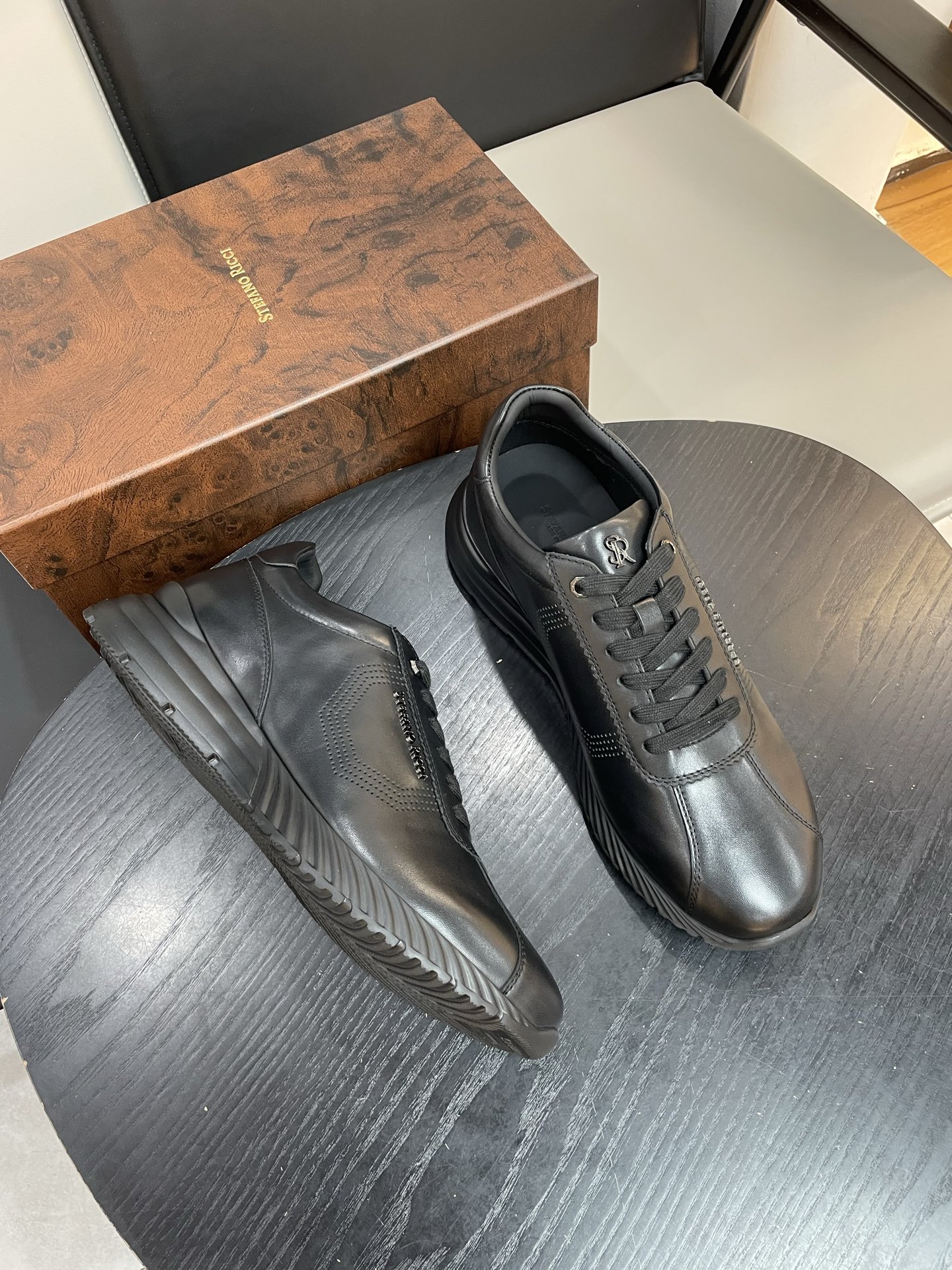 Stefano Ricci Men's Black Leather Lace-Up Sneakers - Comfortable & Lightweight 9 i1755505047685 7848 0 7