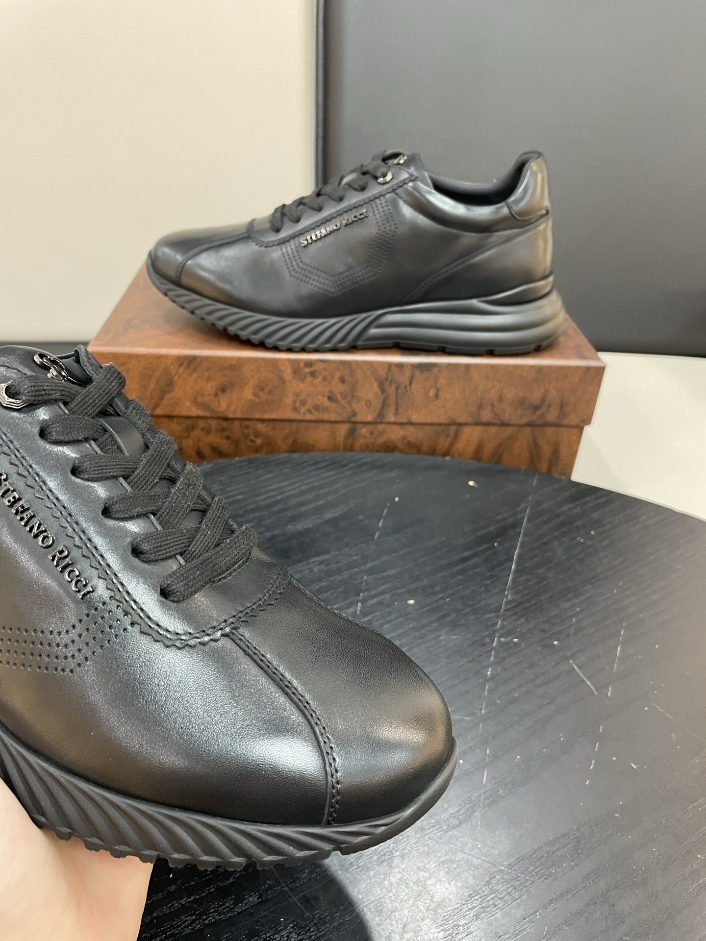 Stefano Ricci Men's Black Leather Lace-Up Sneakers - Comfortable & Lightweight 5 i1755505050227 5758 0 3