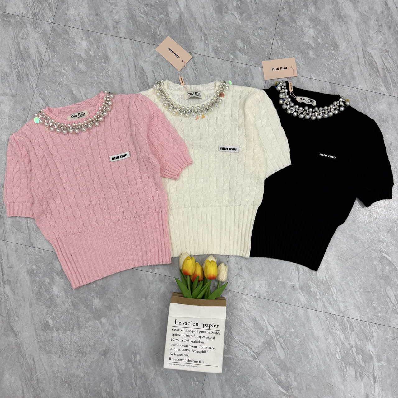 NO:753238,Miu Miu handmade beaded short sleeves, T-shirt,19860909缪缪手工领珠短袖,,T-shirt,,Women's clothing