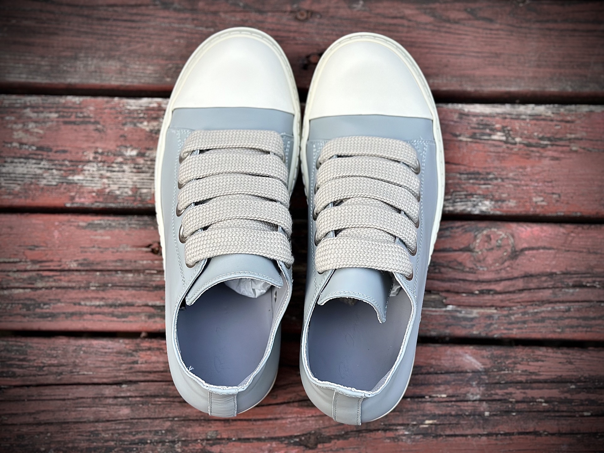 RICK OWENS/RO Jumbo 牛皮 鲨鱼齿缓震鞋底 圆头系带 低帮 板鞋