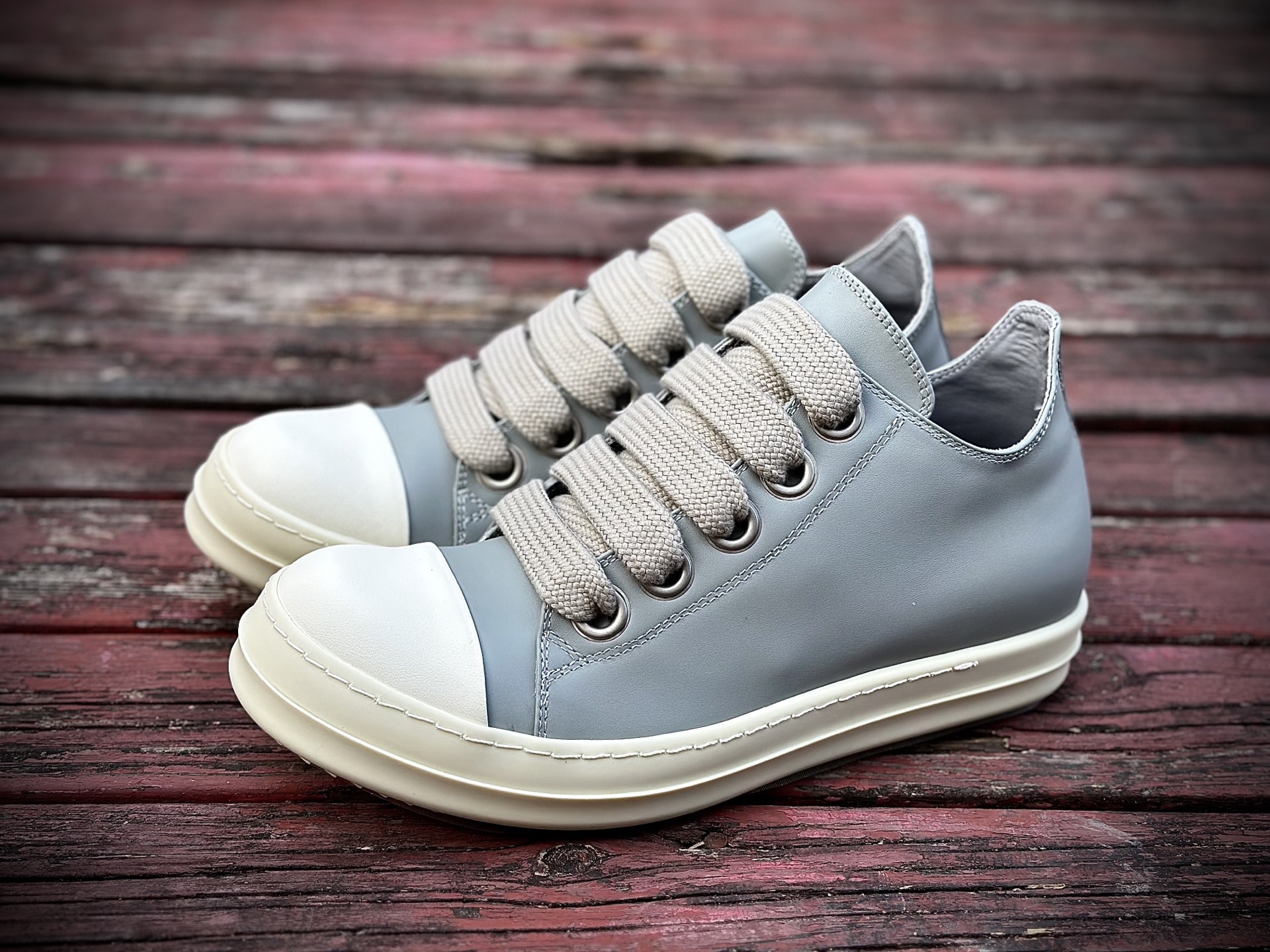 RICK OWENS/RO Jumbo 牛皮 鲨鱼齿缓震鞋底 圆头系带 低帮 板鞋