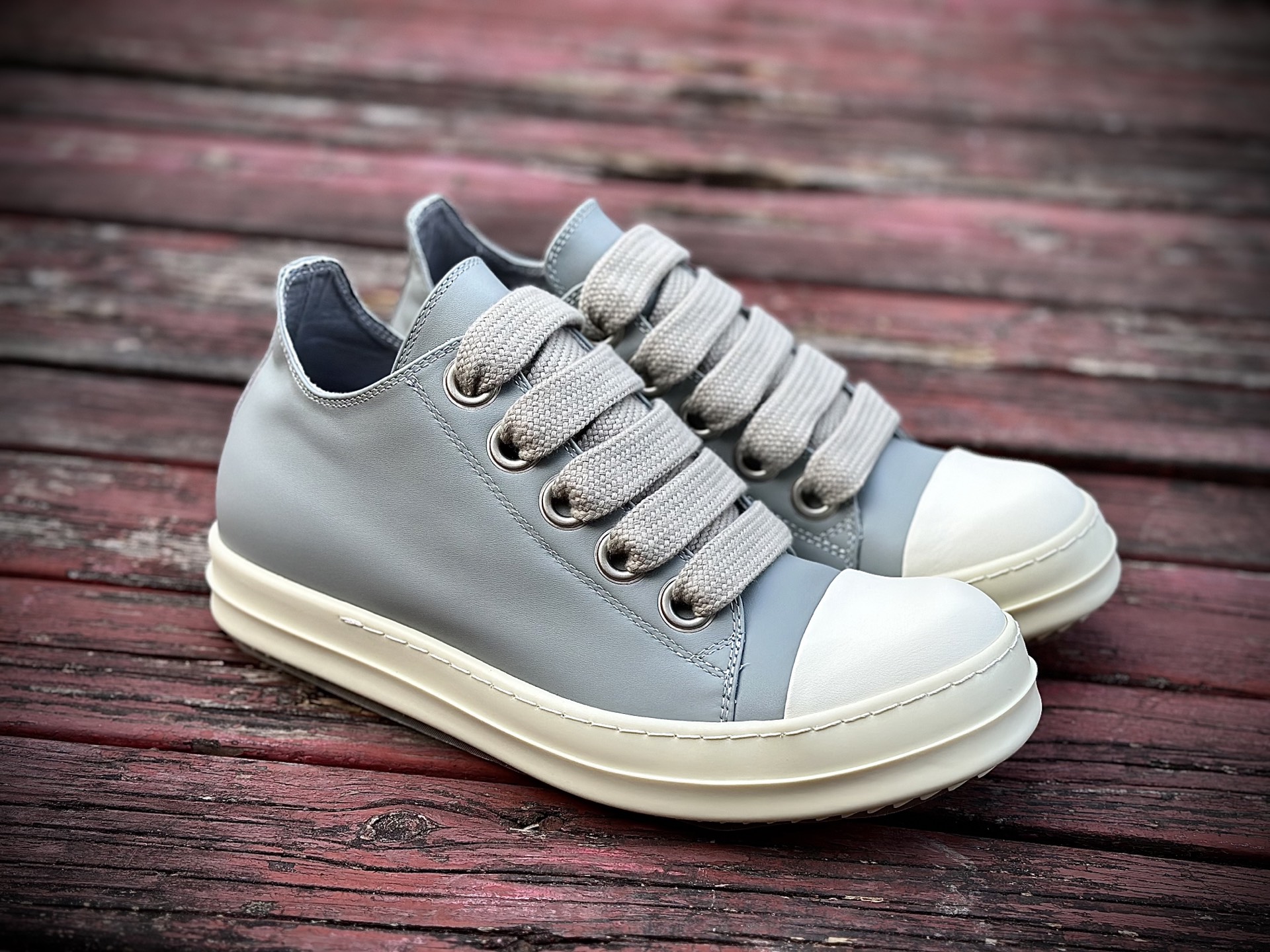 RICK OWENS/RO Jumbo 牛皮 鲨鱼齿缓震鞋底 圆头系带 低帮 板鞋