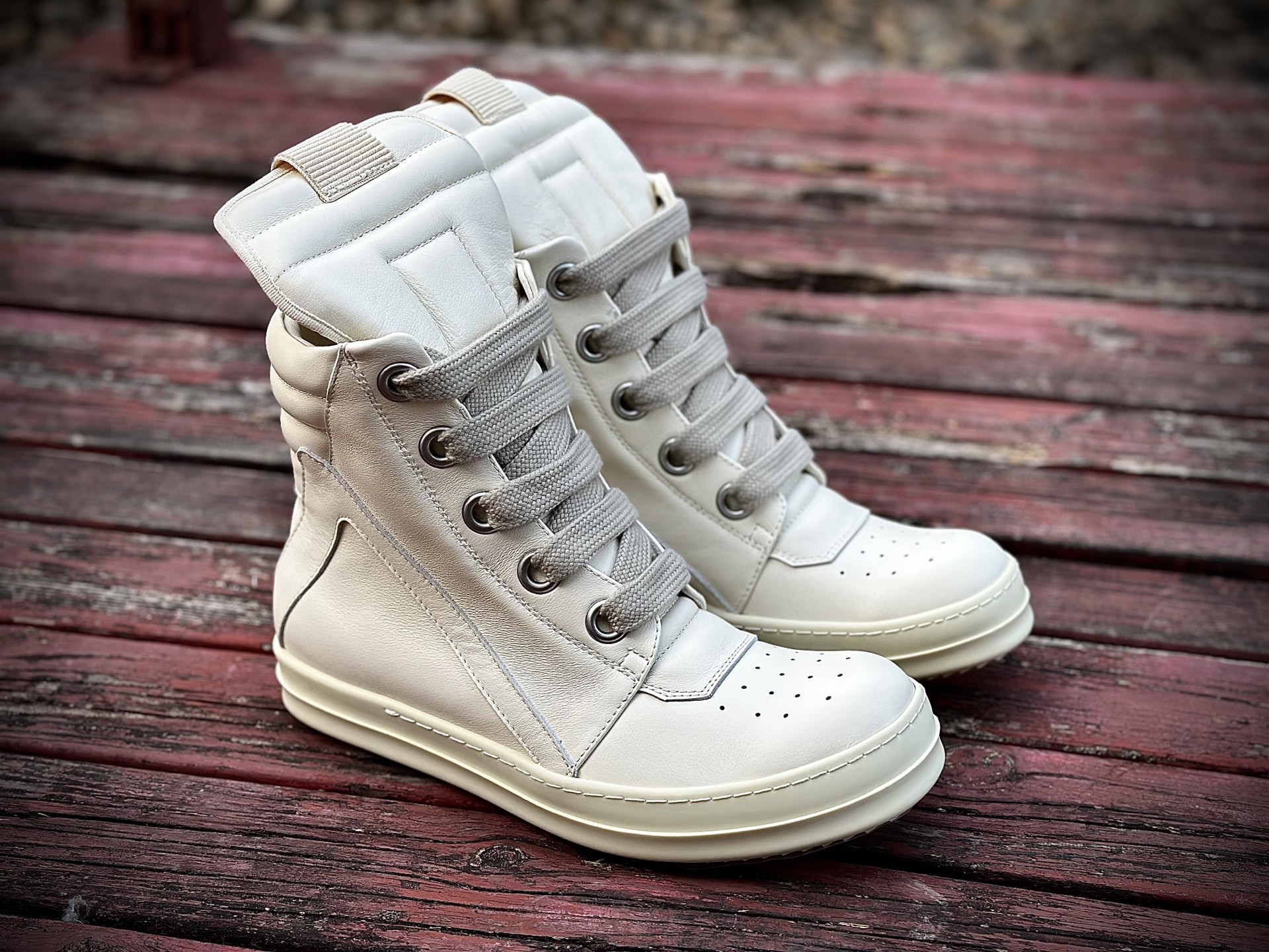 RICK OWENS/RO Concordians Jumbolace Geobasket 牛皮 圆头拉链 高帮 板鞋 黑白色