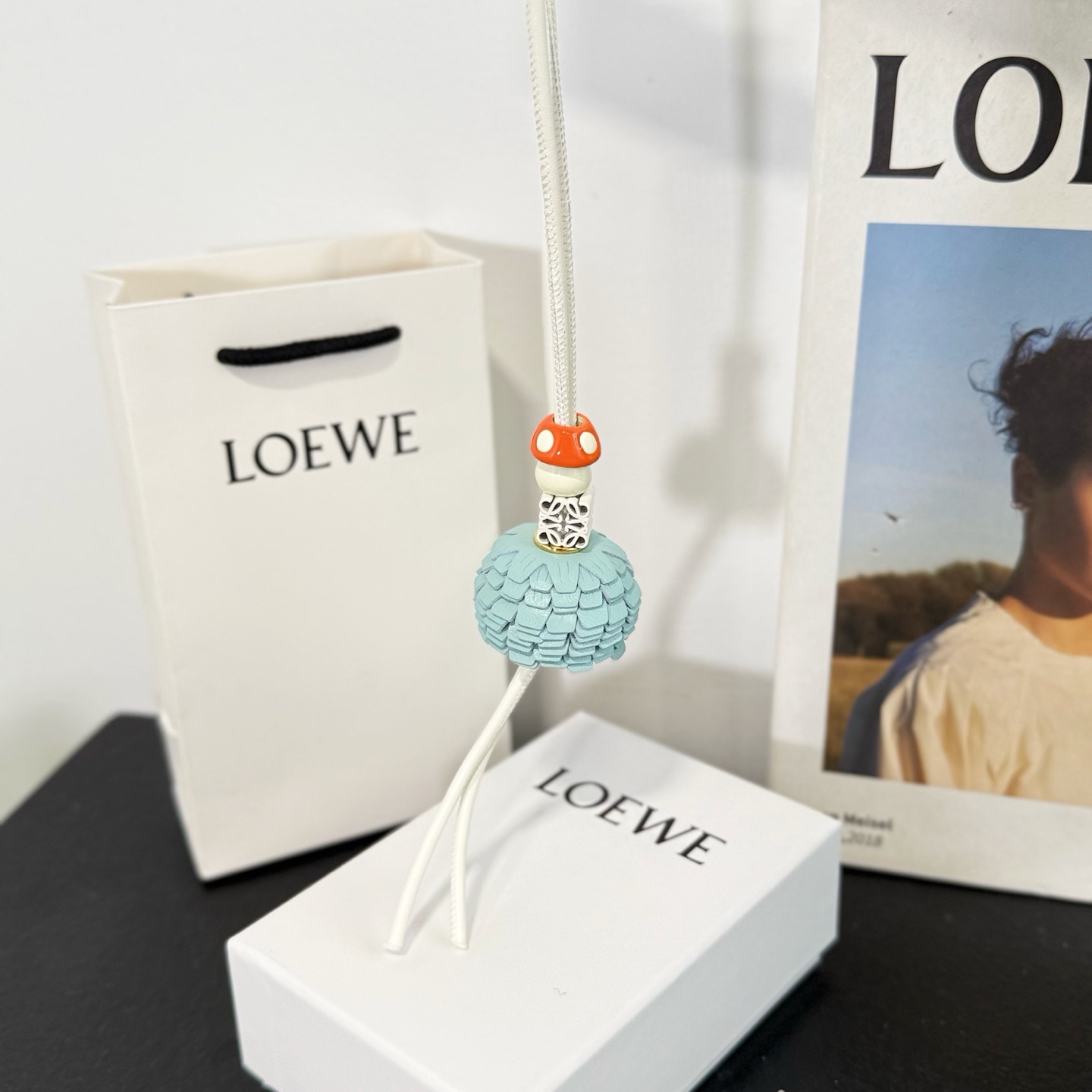 Loewe Mushroom Charm: Leather & Acetate Anagram Bag Accessory, Light Blue