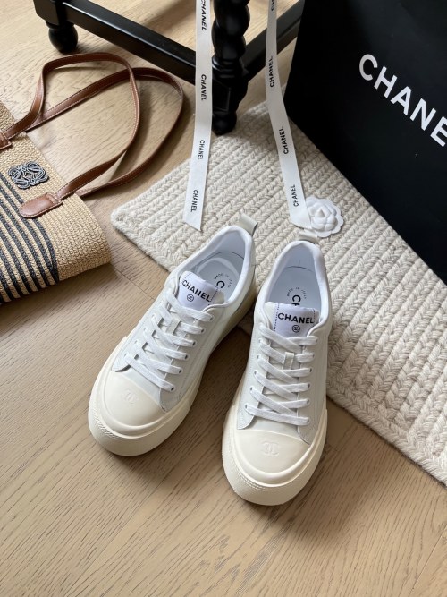 Chanel White Leather Platform Sneakers Casual Lace-Up Shoes,Size 35-40 1 Chanel White Leather Platform Sneakers Casual Lace-Up Shoes,Size 35-40