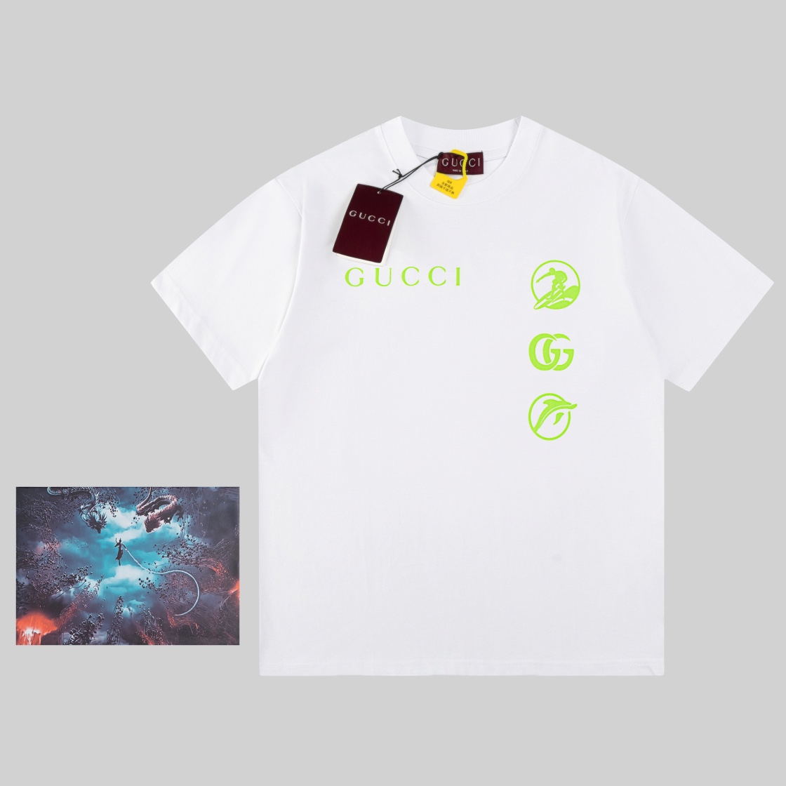 P100礼盒🎁 G家 25ss新款超大造型T恤以成衣染针织棉匠心打造，正面缀饰Gucci标识印花，背面巧妙融入Gucci冲浪者印花，令整个设计更添魅力。 码数：XS-S-M-L