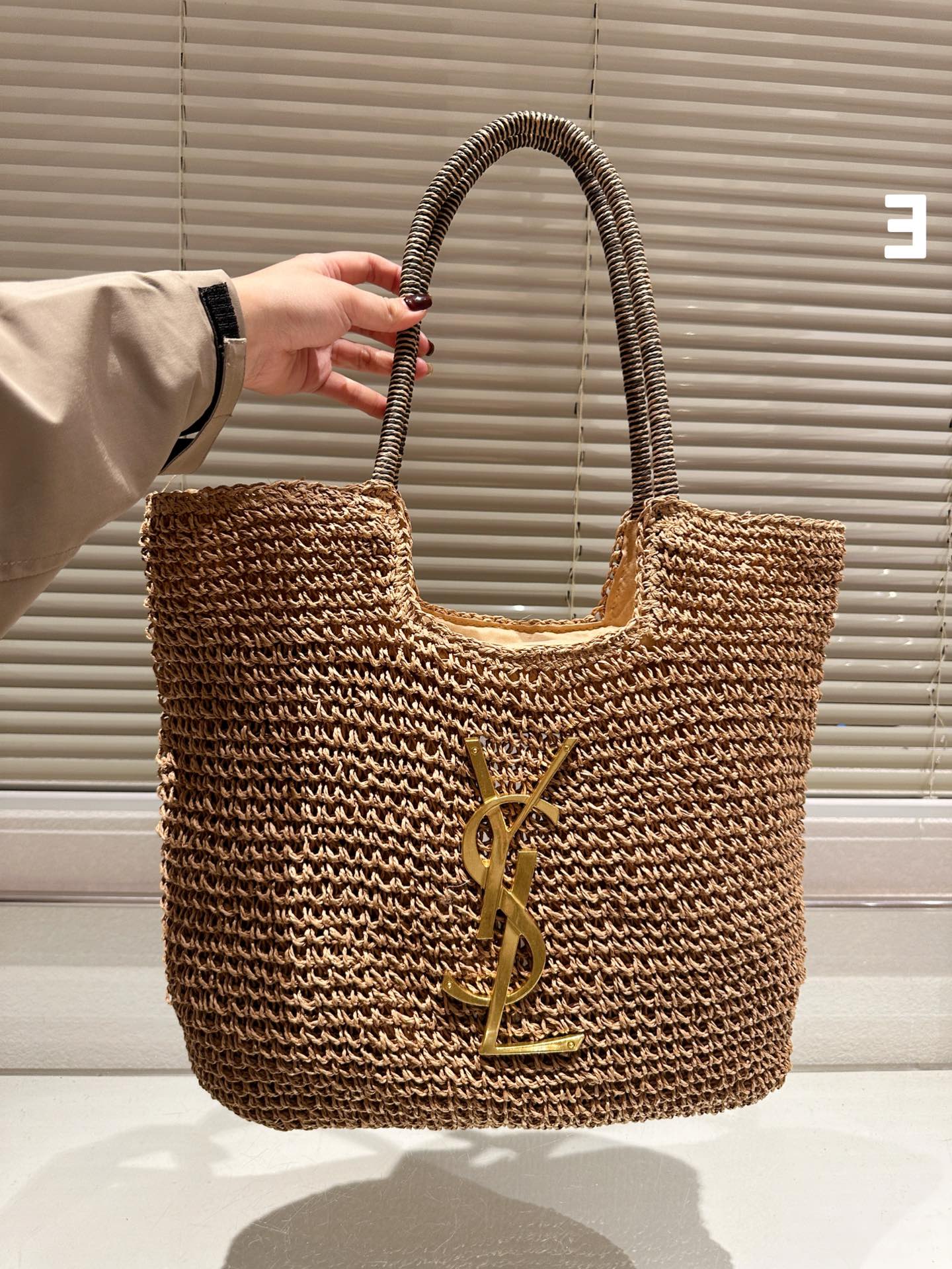 Yves Saint Laurent Tote Bags Weave Straw Woven Casual