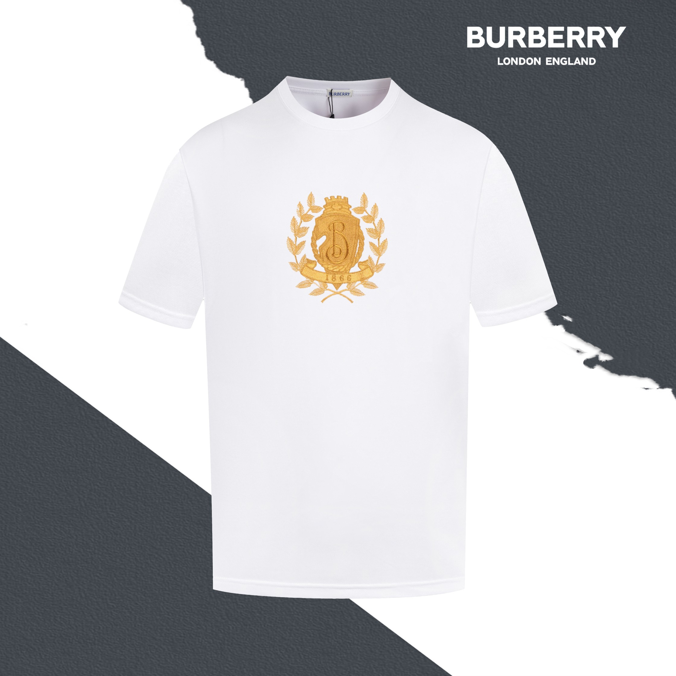No. de estilo S06 BURBERRY Logotipo de hoja de oro de Burberry bordado con estampado de cuello redondo manga corta Bord…