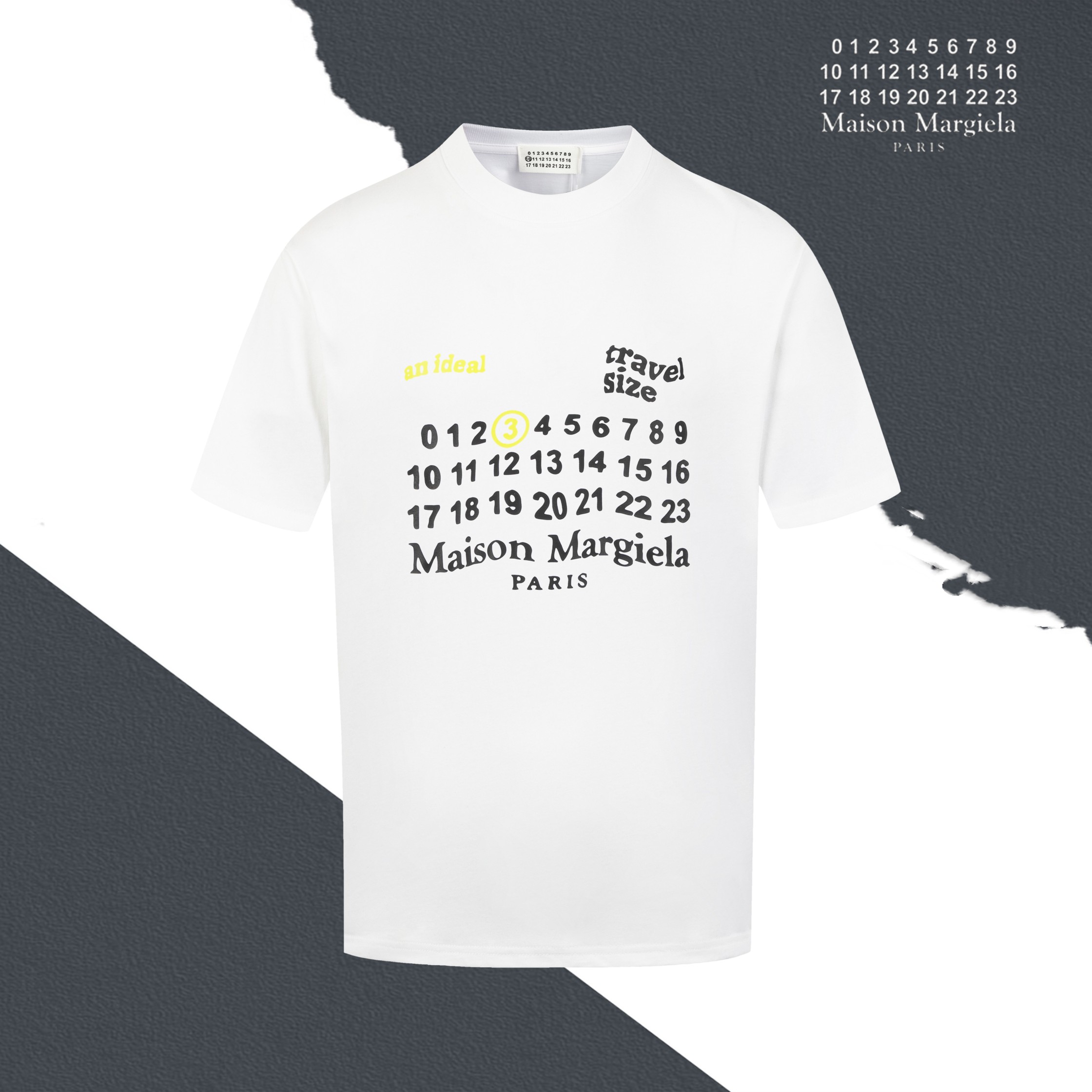 Modèle S041 Maison Margiela t-shirt col rond avec logo imprimé en lettres colorées sur la poitrine. Impression, emballa…
