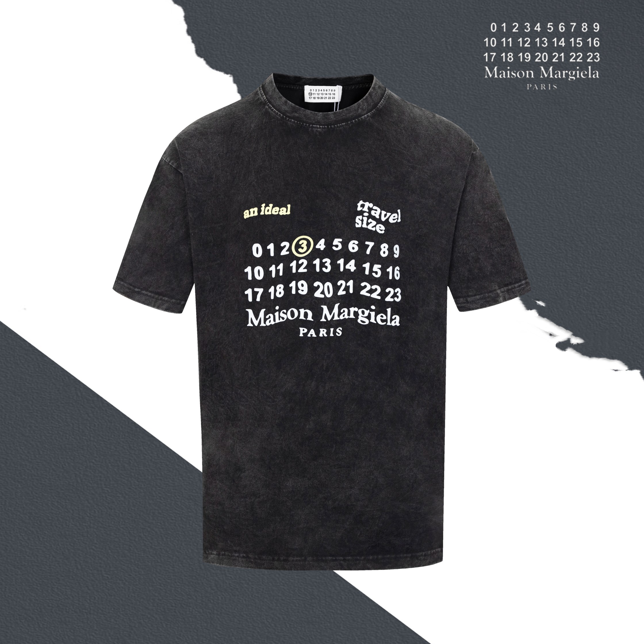 Noir délavé, modèle S041 Maison Margiela t-shirt col rond avec logo imprimé en lettres colorées sur la poitrine. Impres…