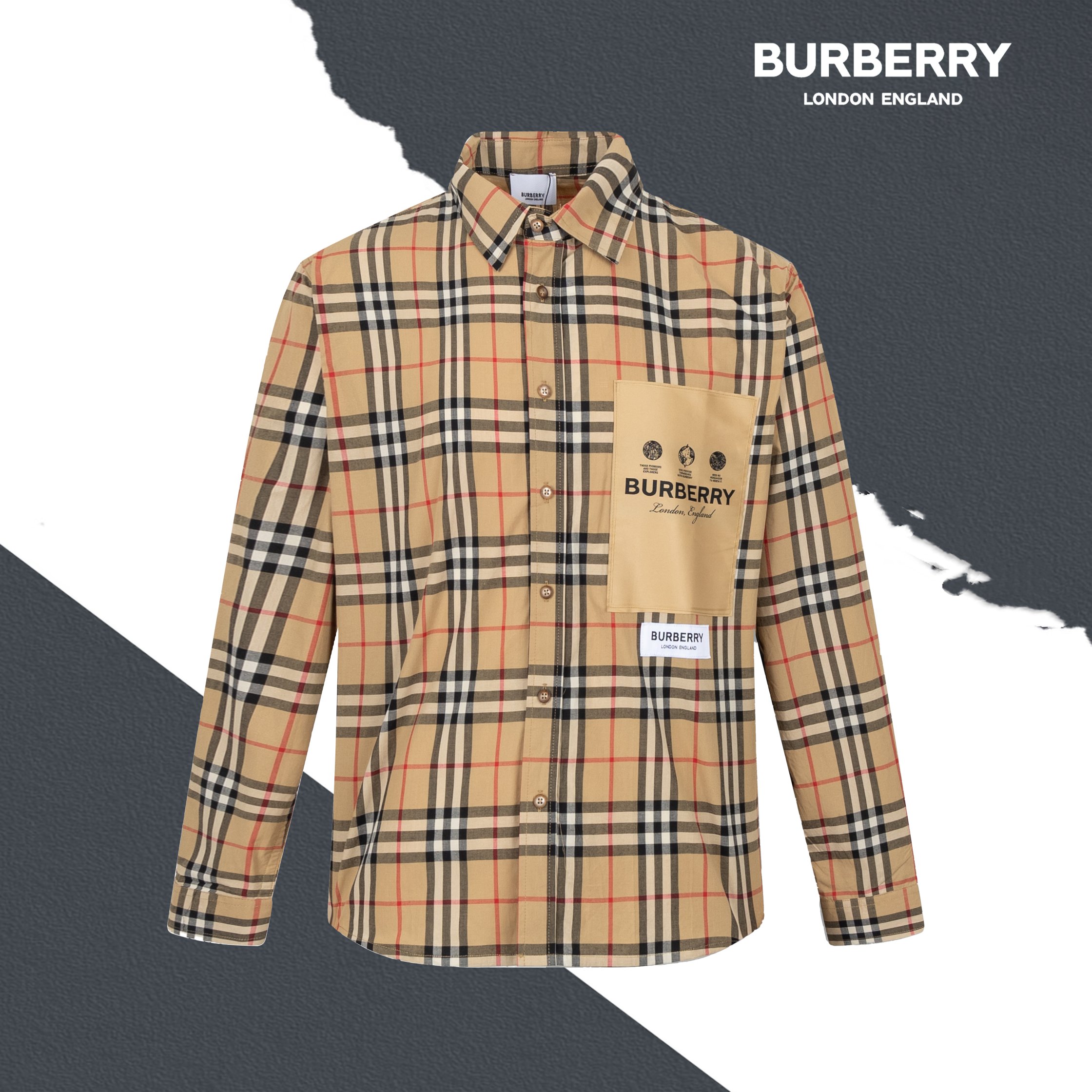 Número de estilo B26 BURBERRY Camisa Burberry con etiqueta de parche en el pecho a cuadros, bordado de parche, posicion…