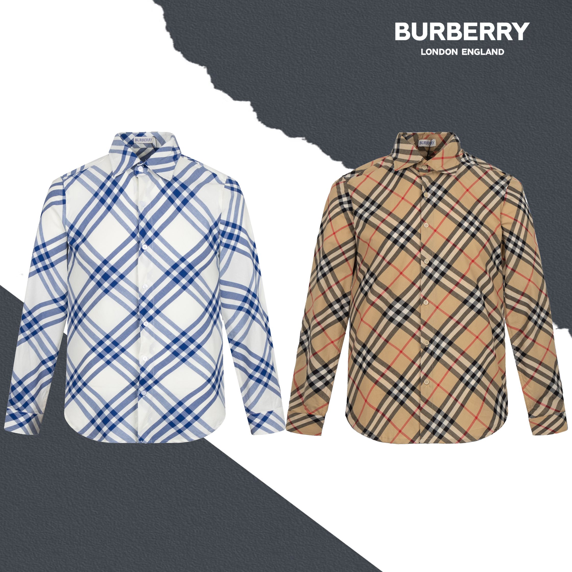 Estilo No. SL27 BURBERRY La nueva camisa de sarga a cuadros de Burberry. Posicionamiento del patrón quemado. Letras de …