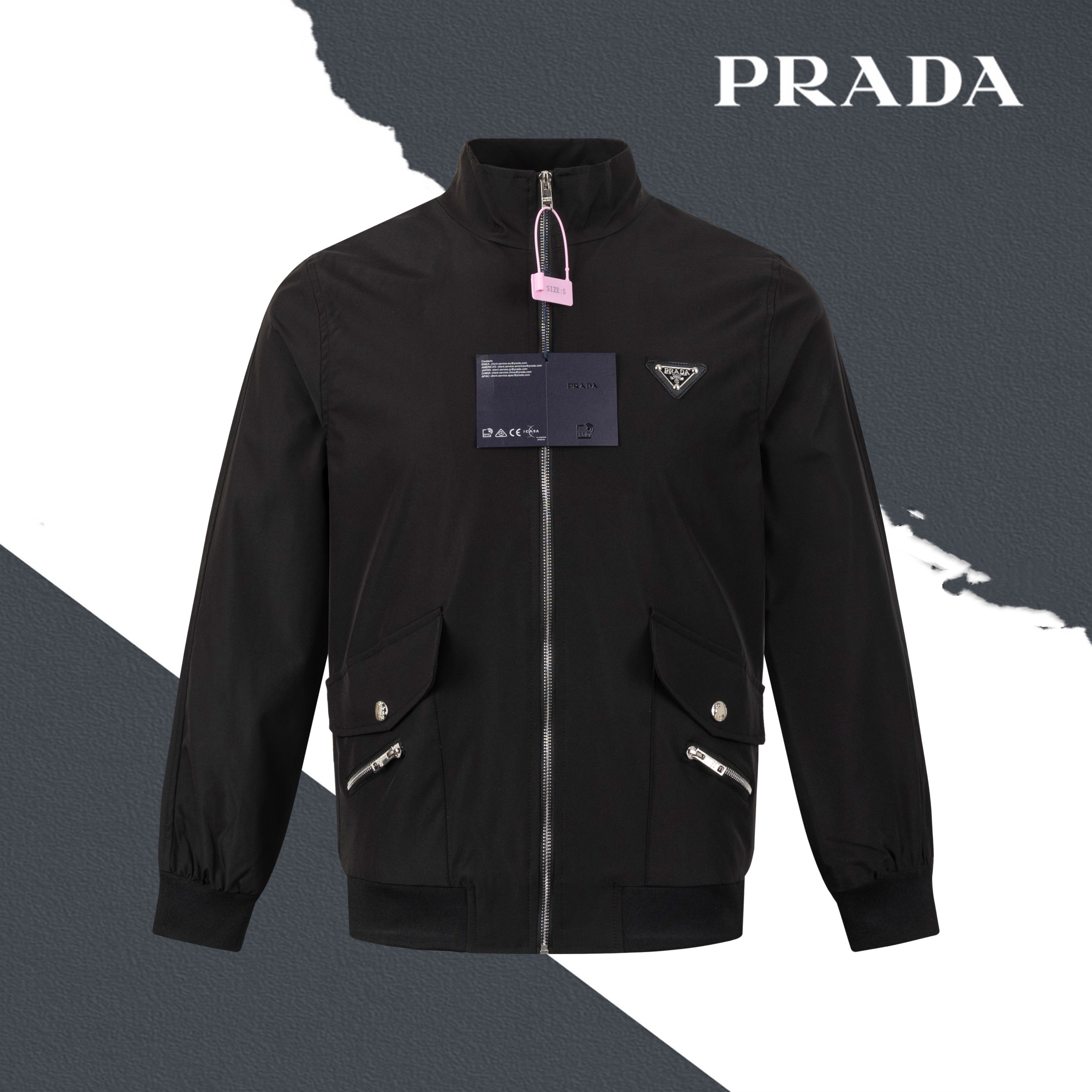 Modelo No. SL30 Chaqueta clásica Prada con cremallera y pequeños bolsillos en el pecho. Mismo estilo para hombres y muj…