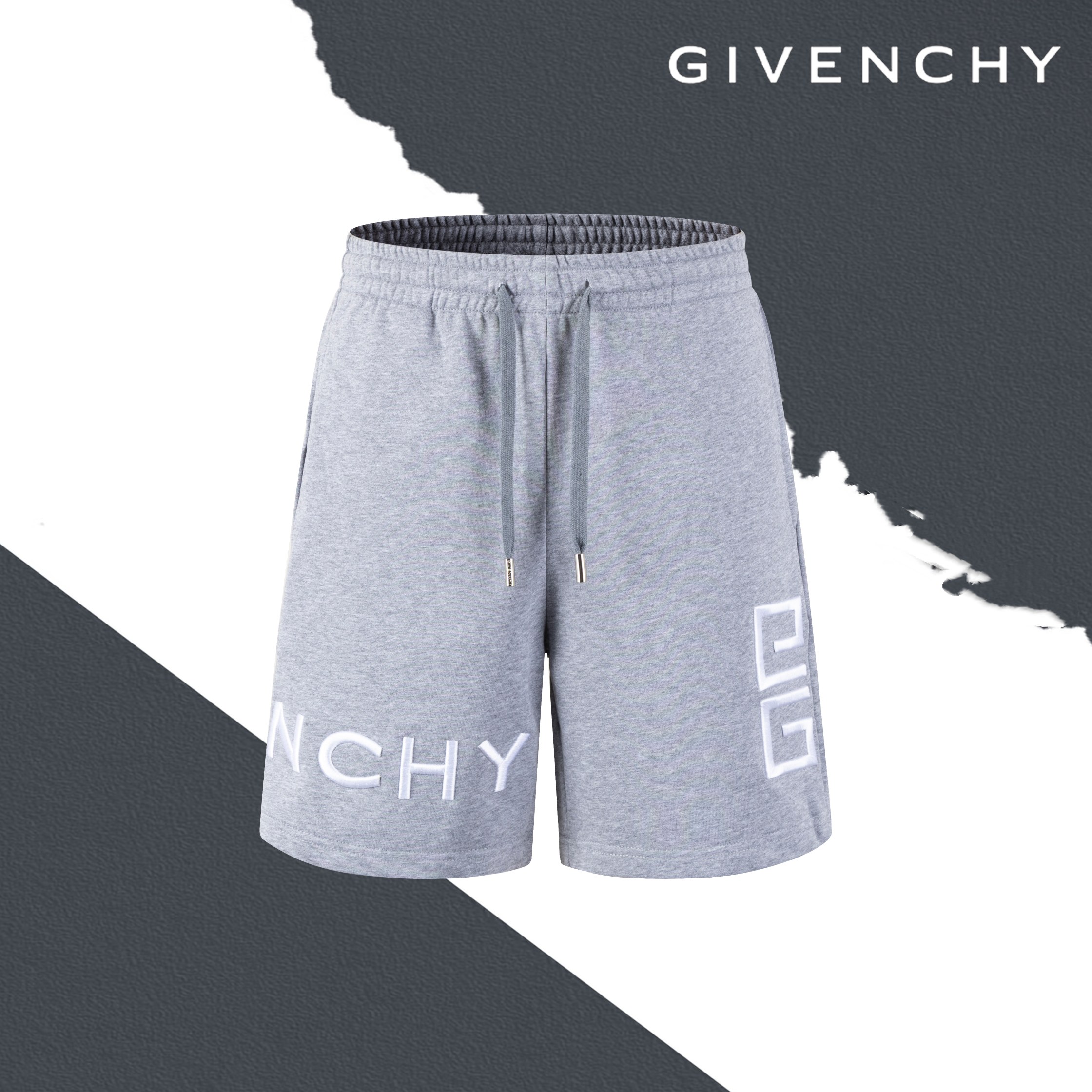 Estilo No. SL42 Pantalones cortos de felpa clásicos de Givenchy con letras grandes bordadas con el logo. Negro y gris. …