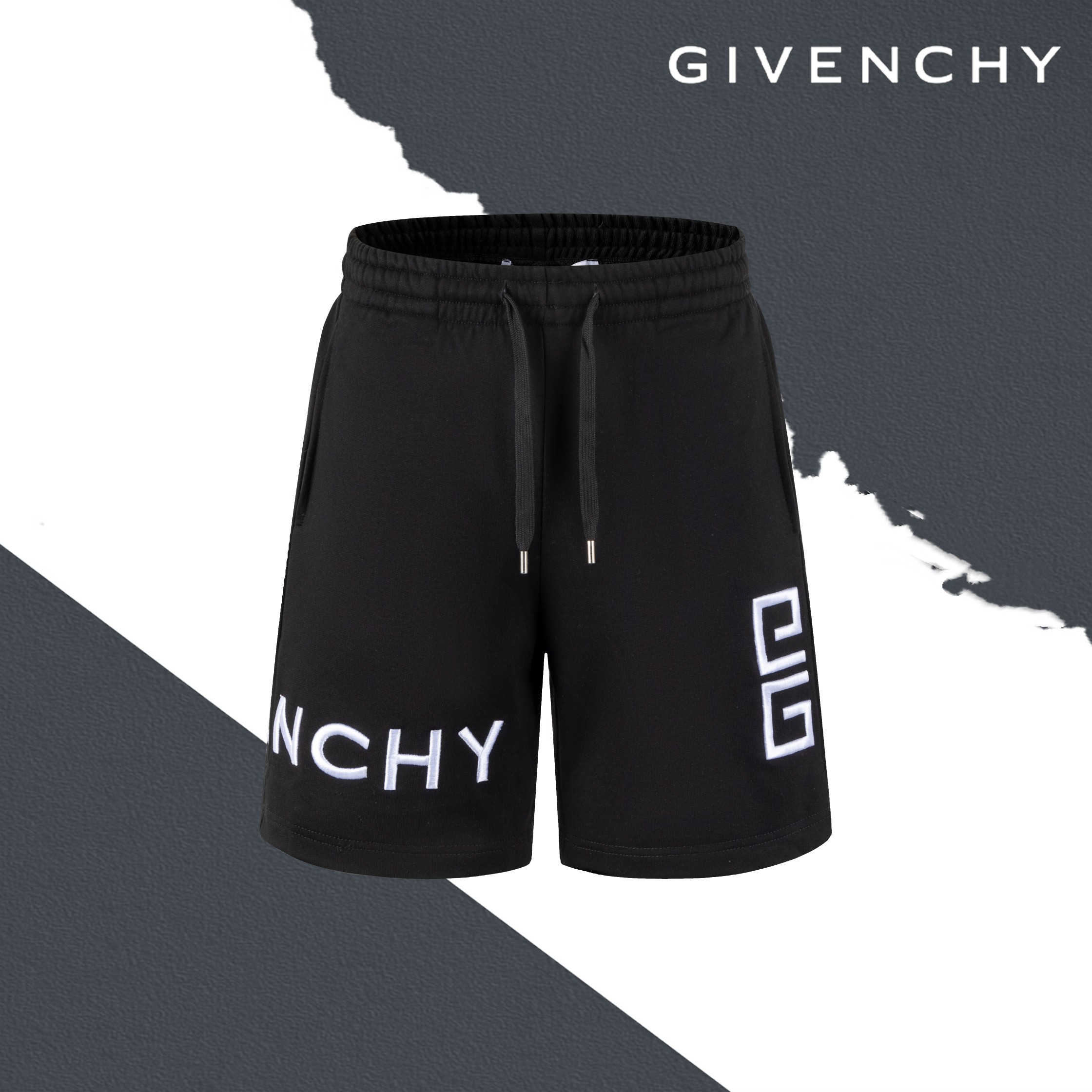 Estilo No. S42 Pantalones cortos de felpa clásicos de Givenchy con letras grandes bordadas con el logo. Negro…