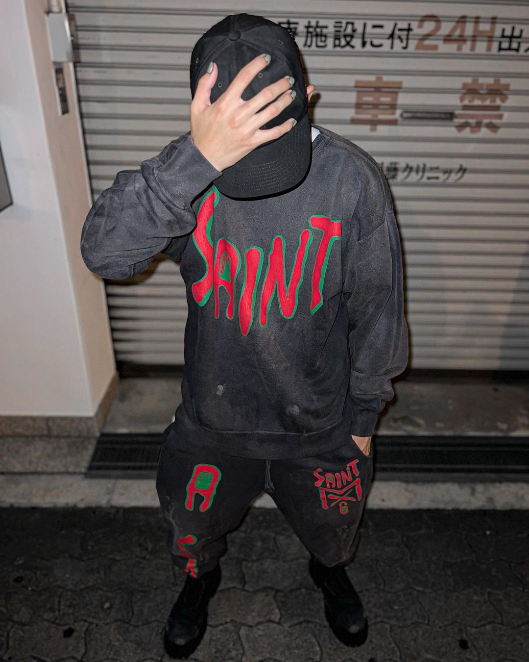 SAINTMICHAEL23Fw graffiti red and green MX6 letter print round-neck sweater upp