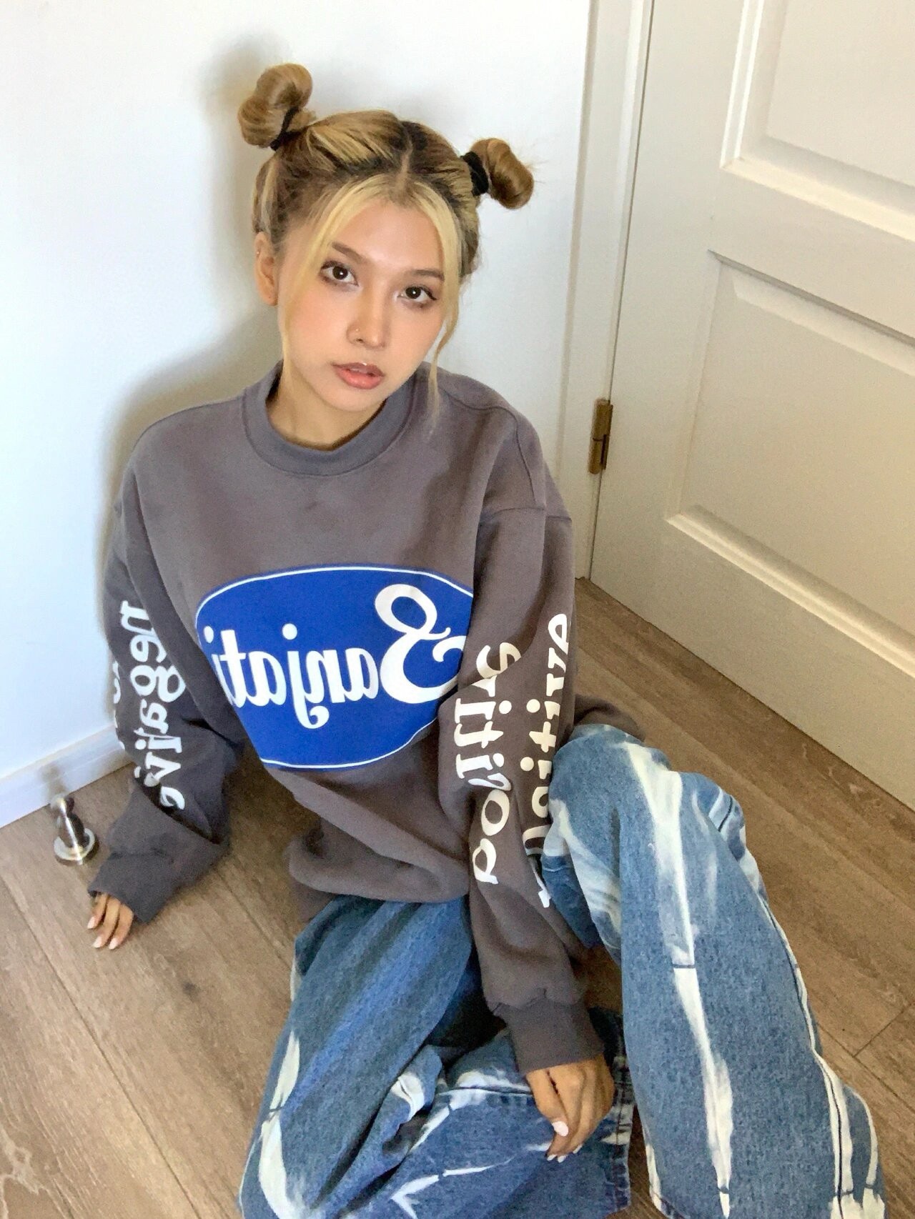 SAINTMICHAEL23Fw blue round mark letter print round-neck sweater upper body eff