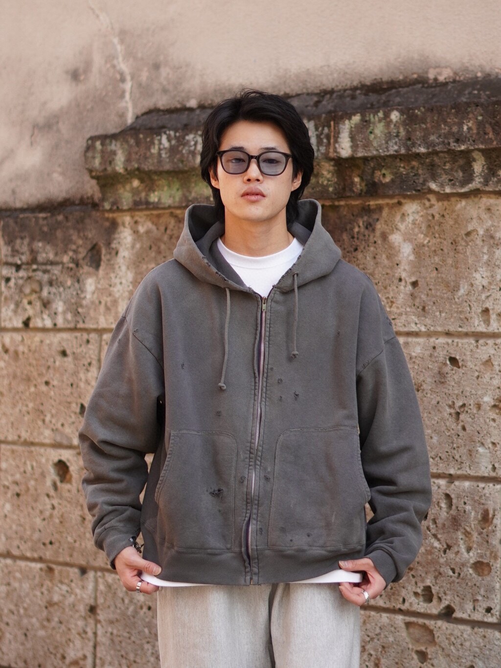 SAINTMICHAEL23Fw washed old basic hooded coat upper body effect
