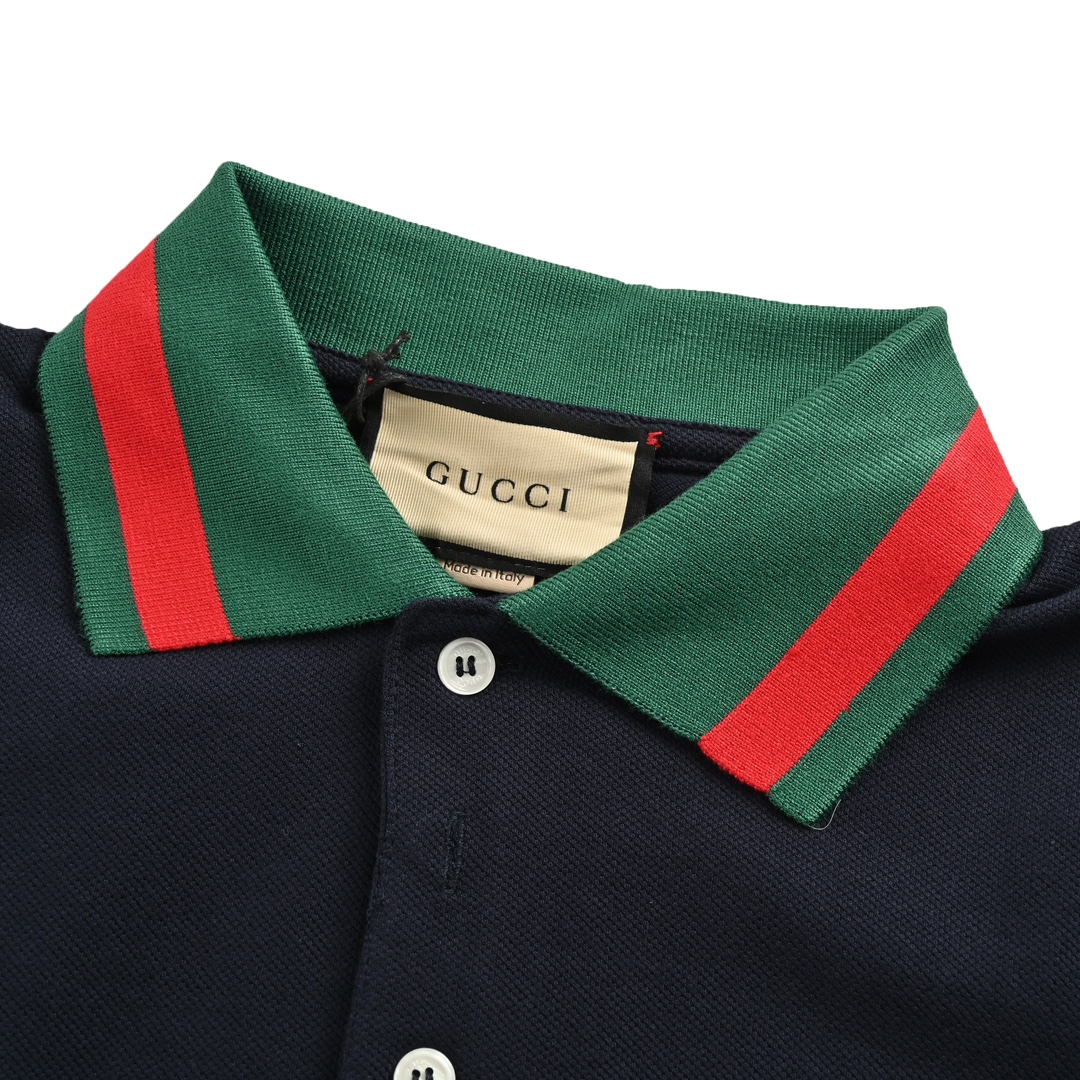 Gucci/古驰 24ss 红绿领刺绣双G口袋Polo短袖 短袖Polo衫 深蓝色