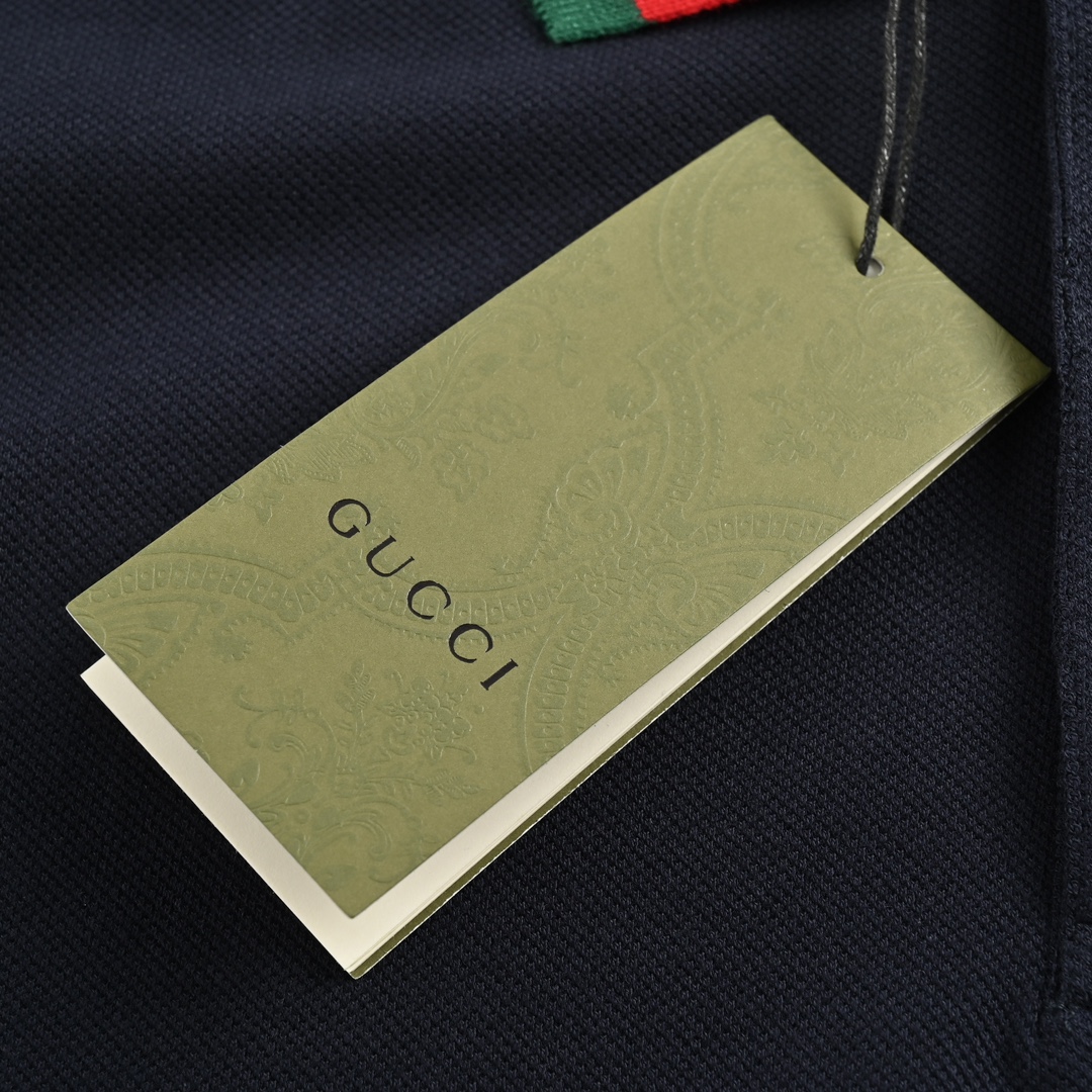 Gucci/古驰 24ss 红绿领刺绣双G口袋Polo短袖 短袖Polo衫 深蓝色
