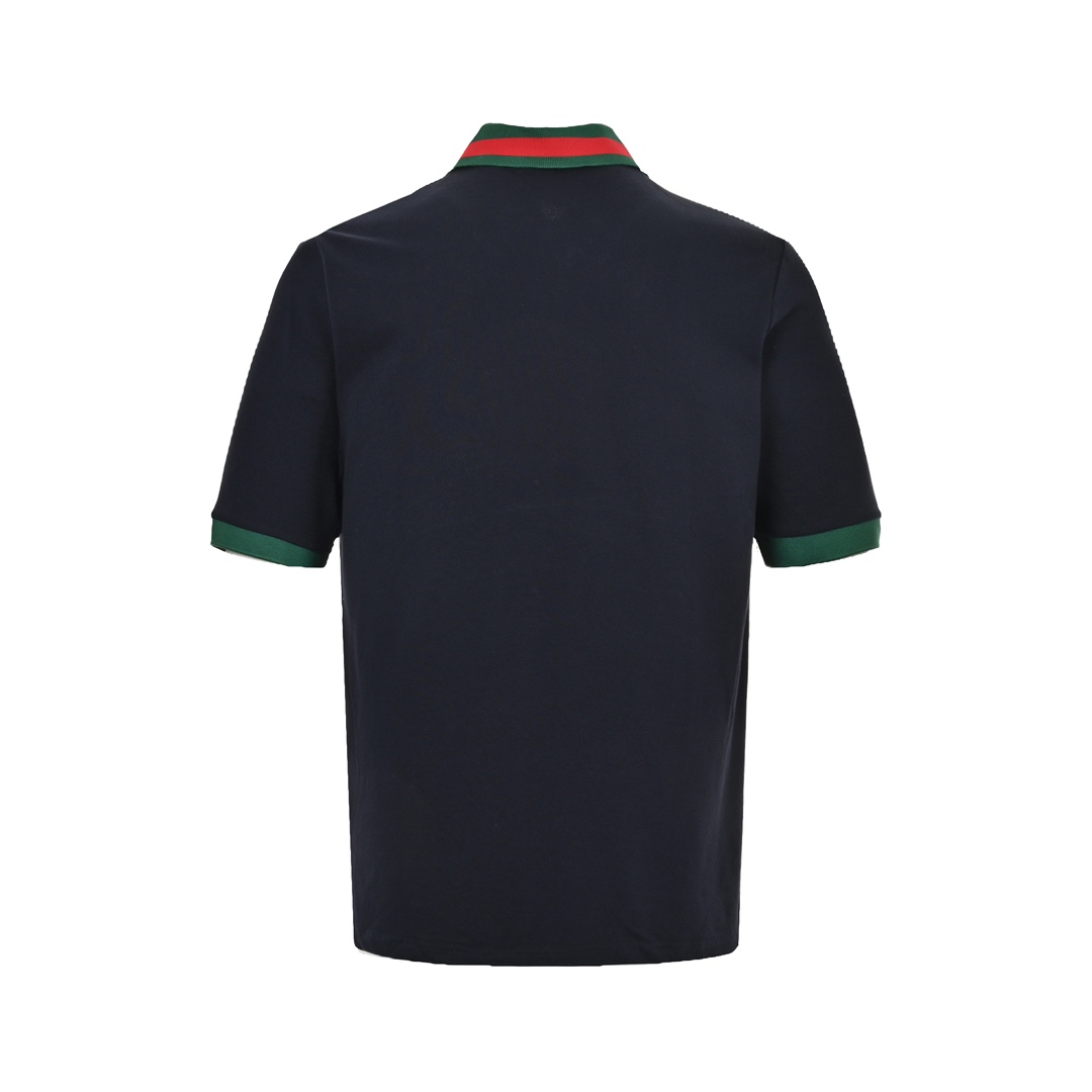 Gucci/古驰 24ss 红绿领刺绣双G口袋Polo短袖 短袖Polo衫 深蓝色