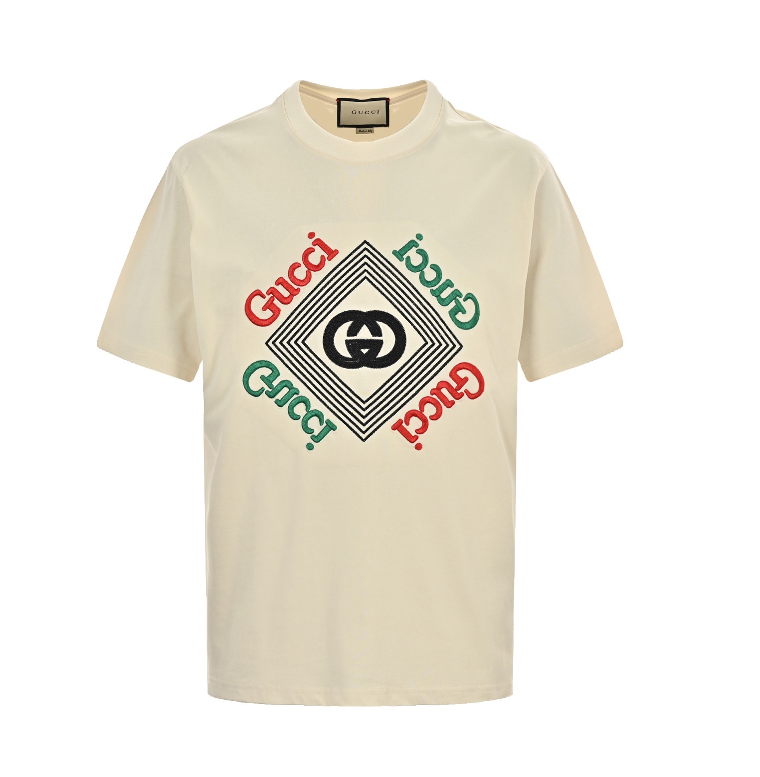 Gucci Odzież T-Shirt Kolor moreli Czarny Hafty Bawełna podwójna przędza dzianina Dzianiny Wiosenna kolekcja Vintage Krótki rękaw