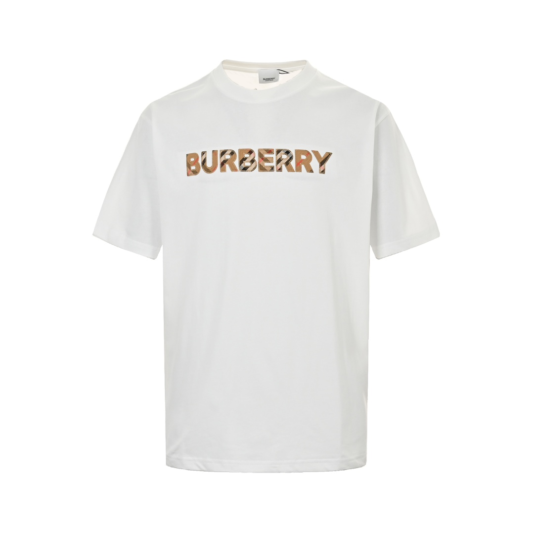 Burberry/巴宝莉 24ss 格子贴布字母logo刺绣短袖立体刺绣加格子纹路表明品牌标志