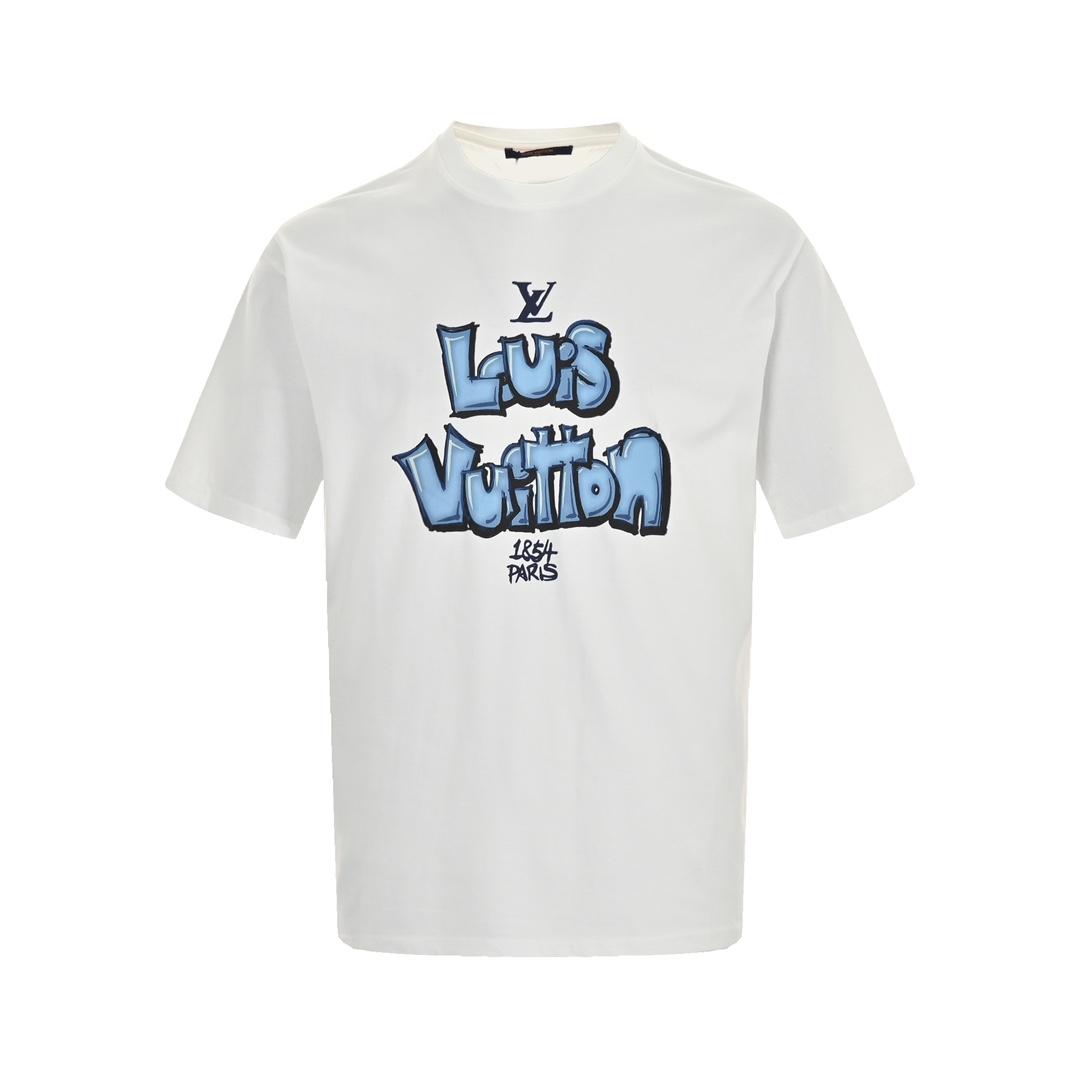 Louis Vuitton Odzież T-Shirt Niebieski Drukowanie Bawełna podwójna przędza Krótki rękaw