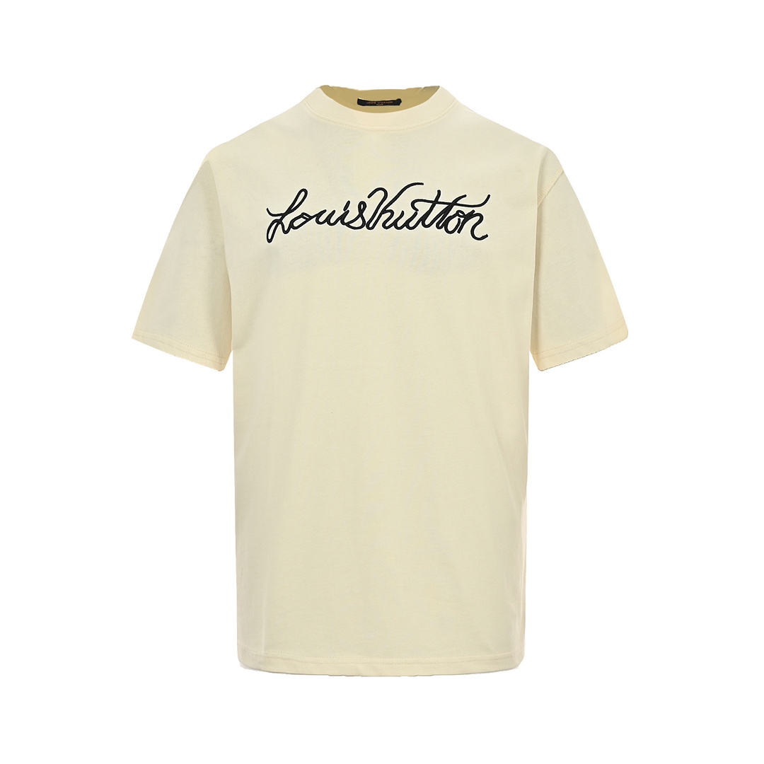 Louis Vuitton Odzież T-Shirt Beżowy Biały Hafty Bawełna czesana Krótki rękaw