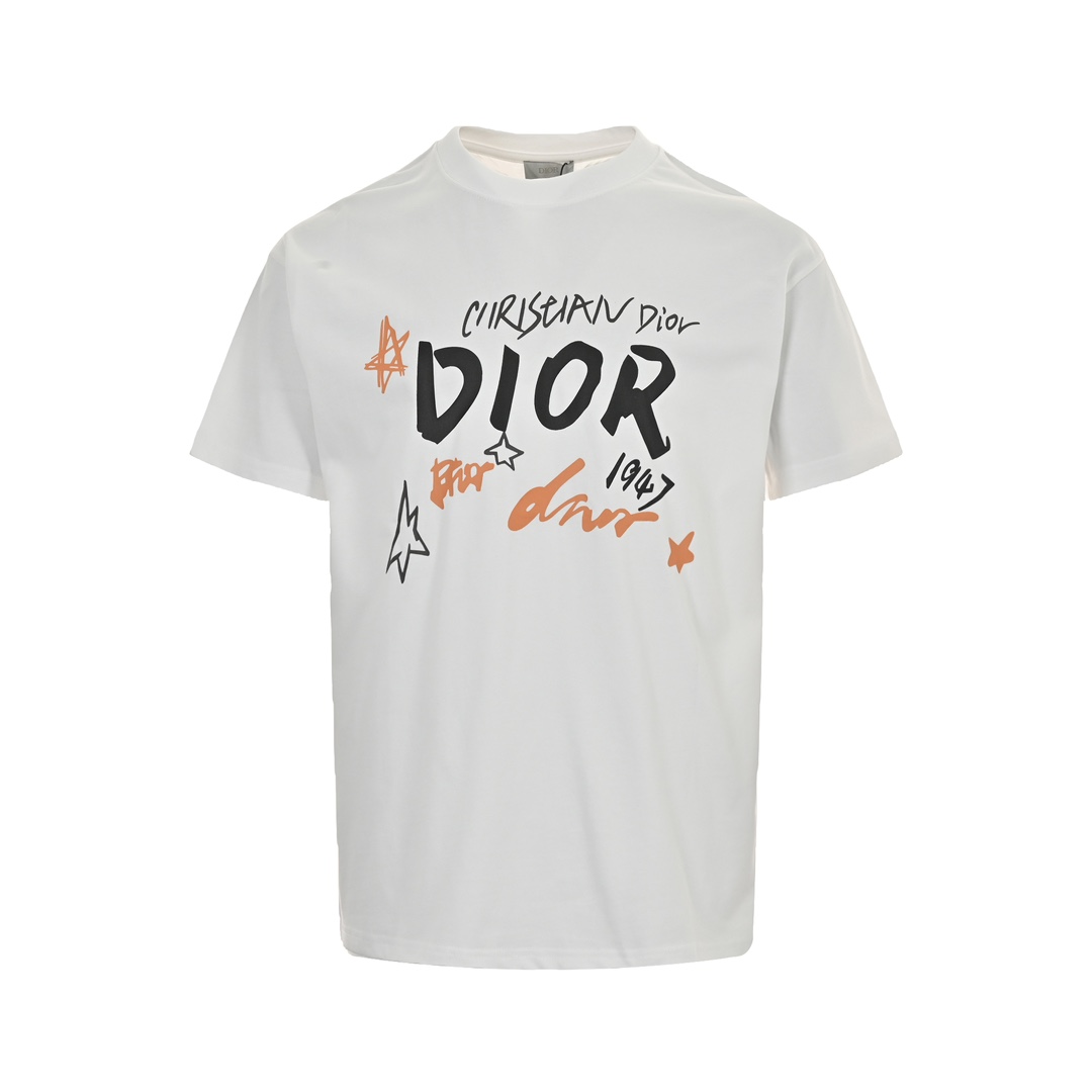 Dior Abbigliamento T-Shirt Nero Bianco Stampa Unisex Cotone doppio filato Collezione Primavera/Estate Fashion Maniche corte