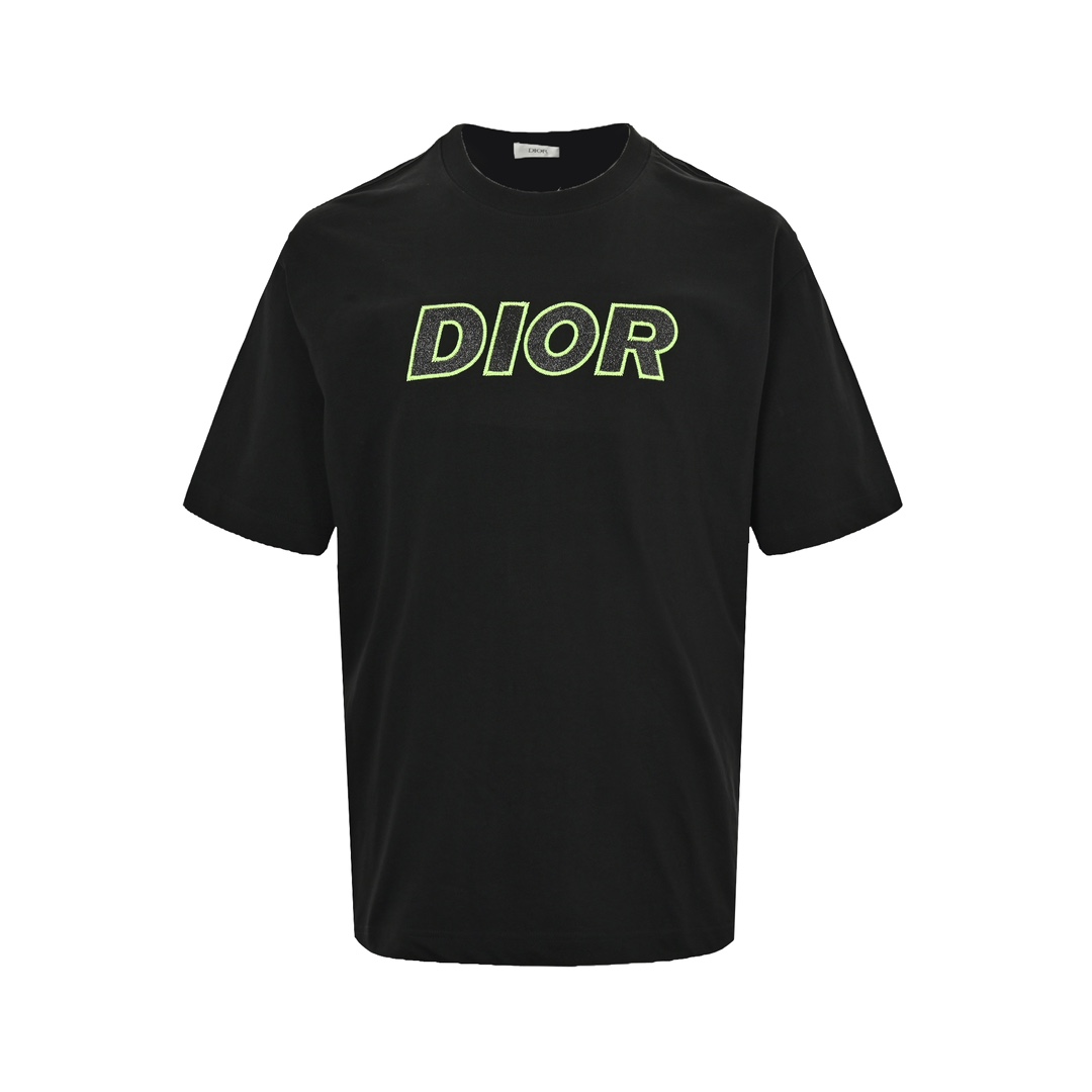 Dior Odzież T-Shirt Czarny Zielony fluorescencyjny Biały Hafty Unisex Bawełna podwójna przędza Krótki rękaw