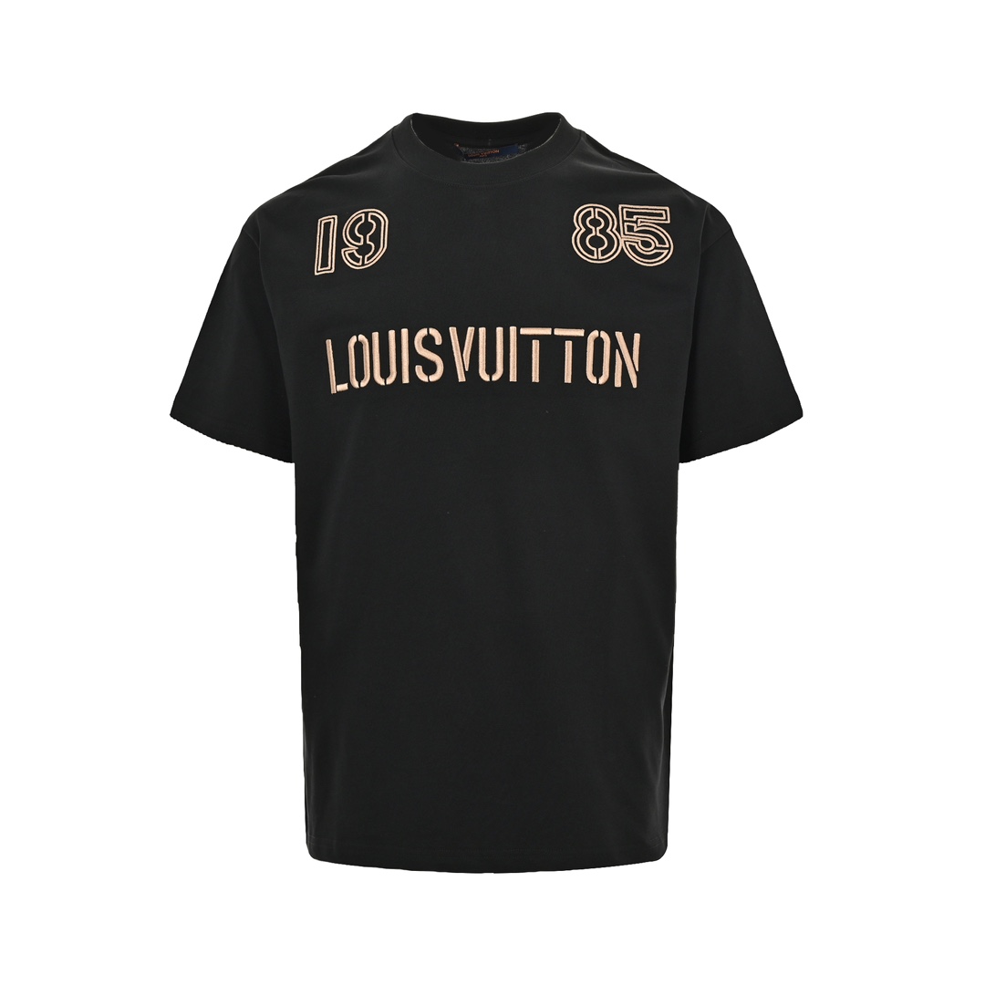 Louis Vuitton Odzież T-Shirt Czarny Biały Hafty Bawełna Krótki rękaw