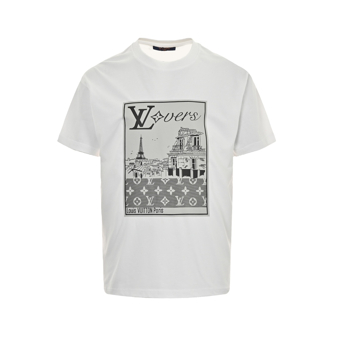 Louis Vuitton Odzież T-Shirt Czarny Biały Drukowanie Unisex Kolekcja wiosenno-letnia Vintage Krótki rękaw