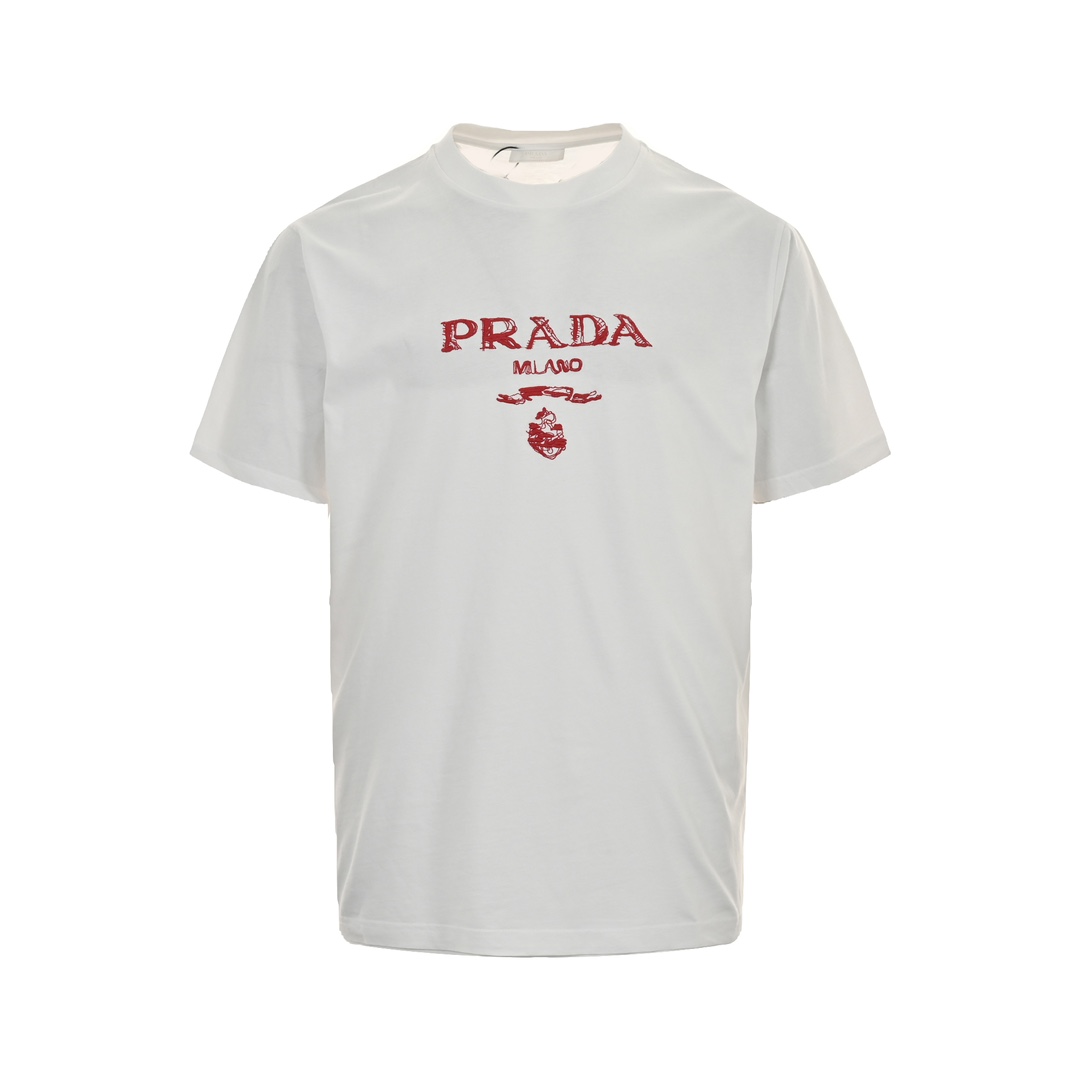 Prada/普拉达 24ss 草写字母刺绣短袖 前幅草写logo徽标刺绣工艺 定织230-250G32