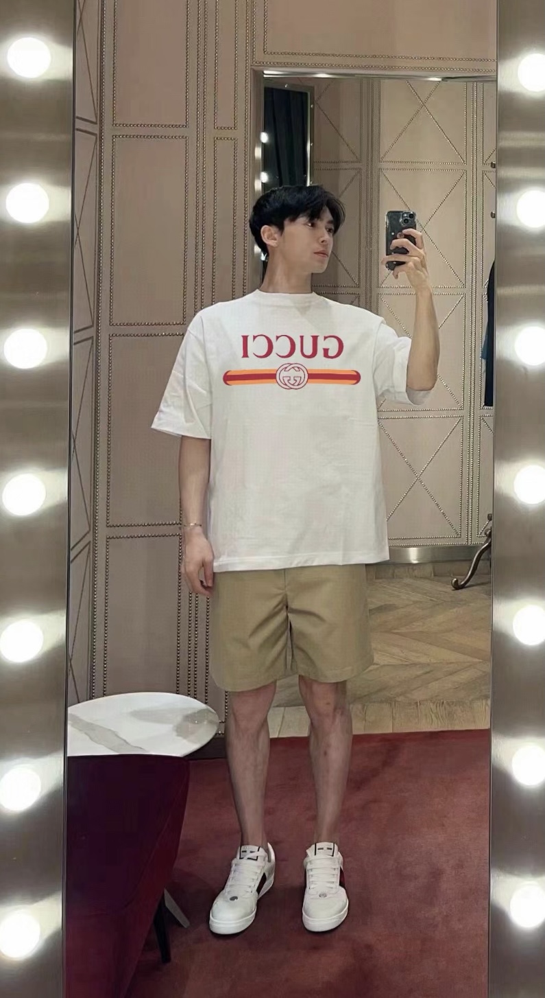 Gucci/古驰 24ss 腰带字母印花短袖上身效果#