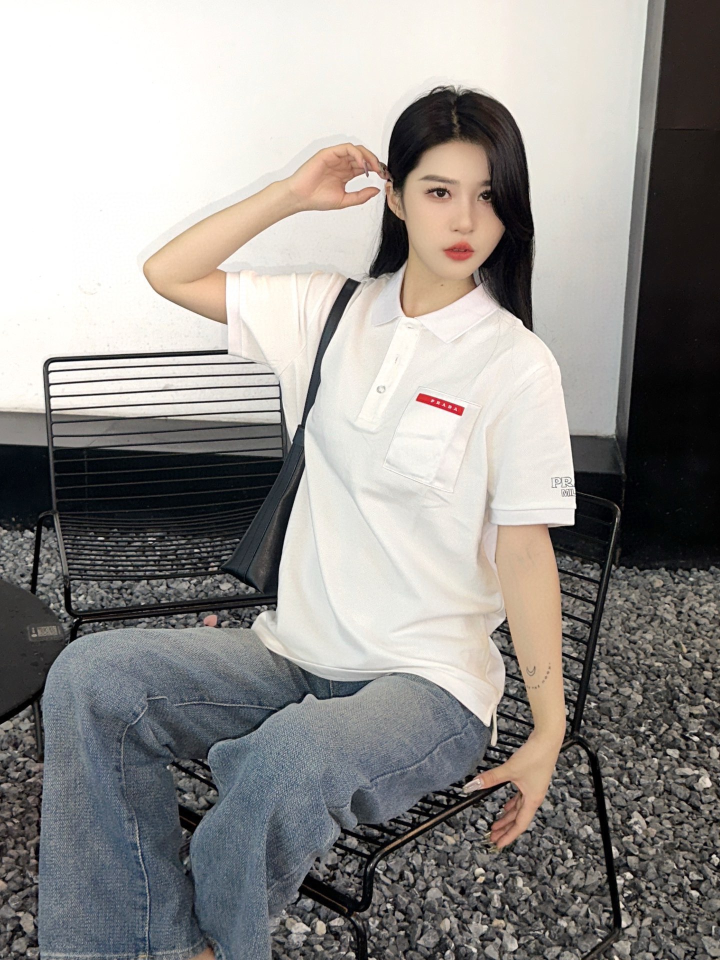 PradaPrada 24ss red trim nylon pocket Polo short-sleeved upper body effect