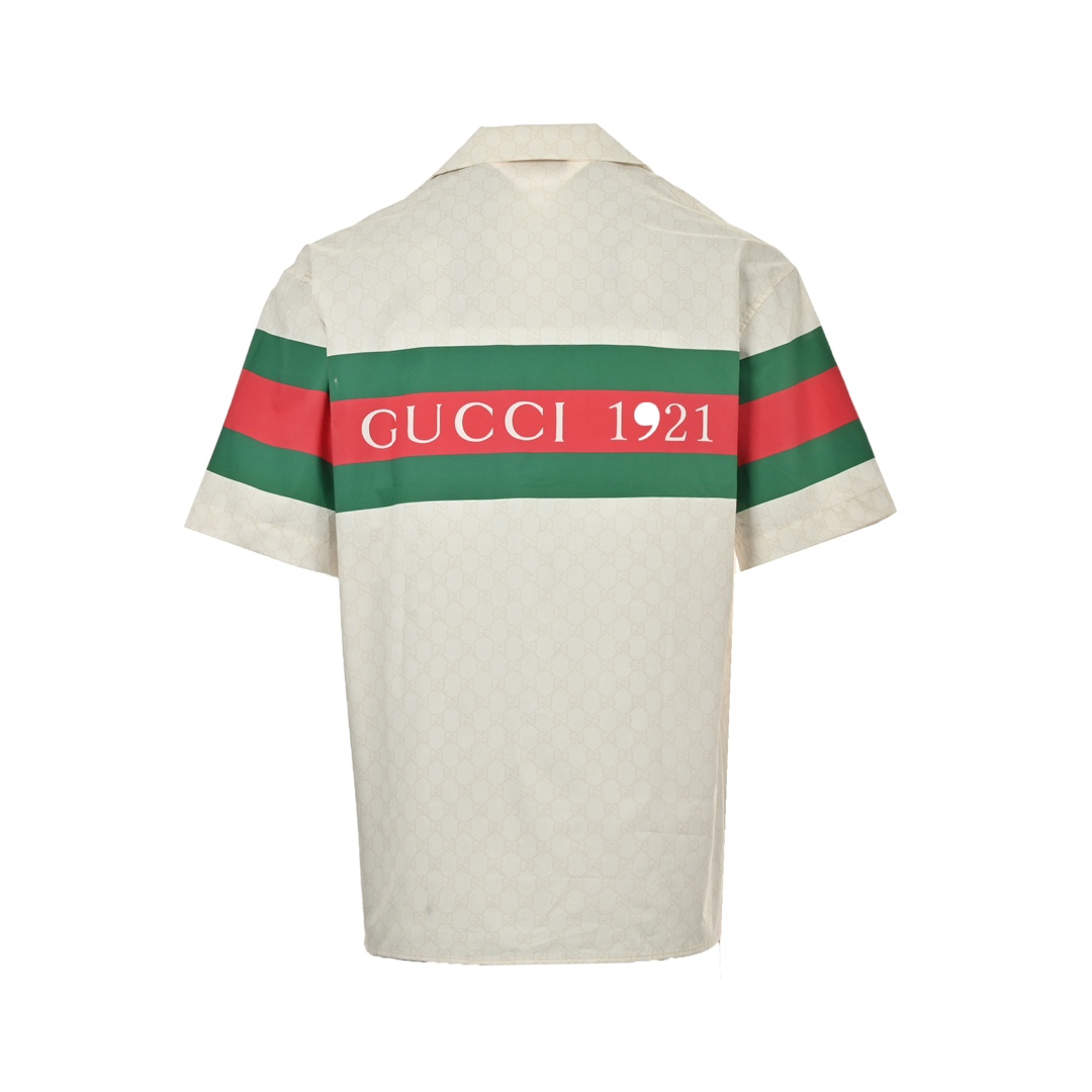 Gucci/古驰 24ss 满印提花1921红绿横条短袖衬衫