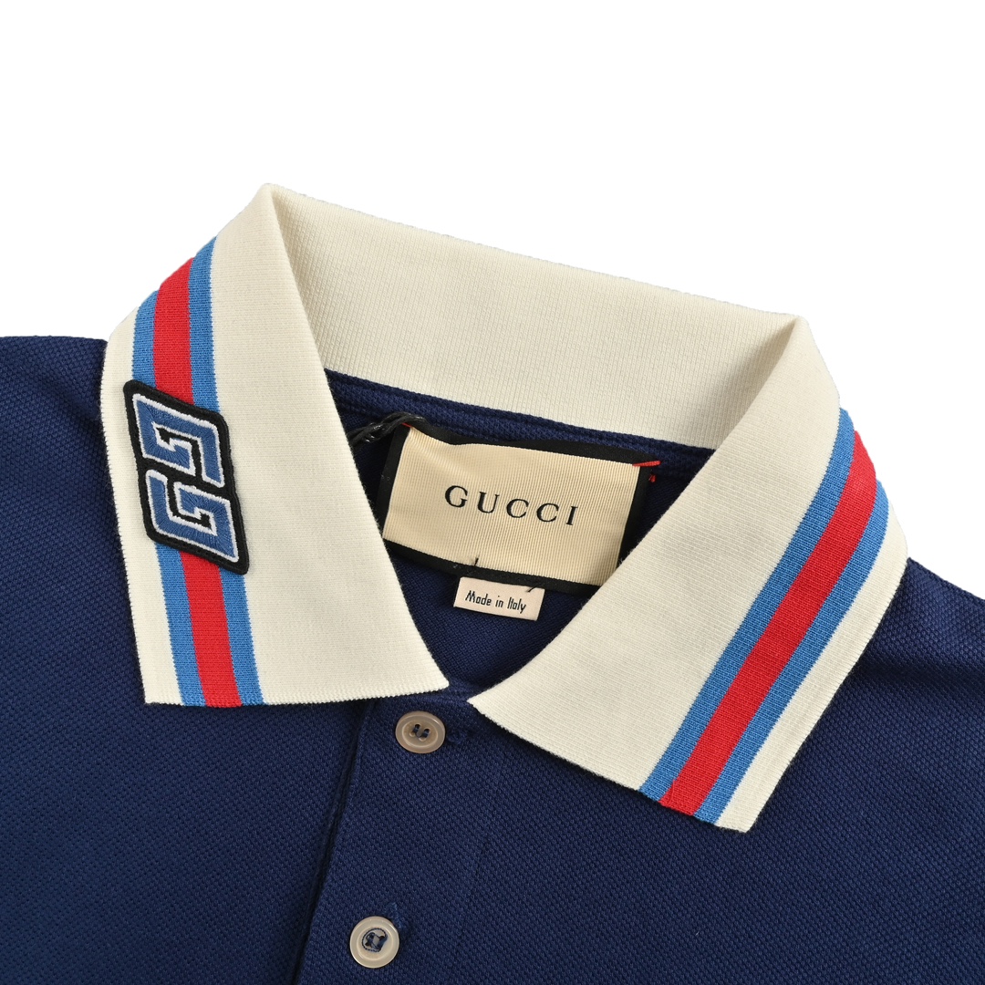 Gucci/古驰 24ss 领口条纹双G刺绣Polo短袖