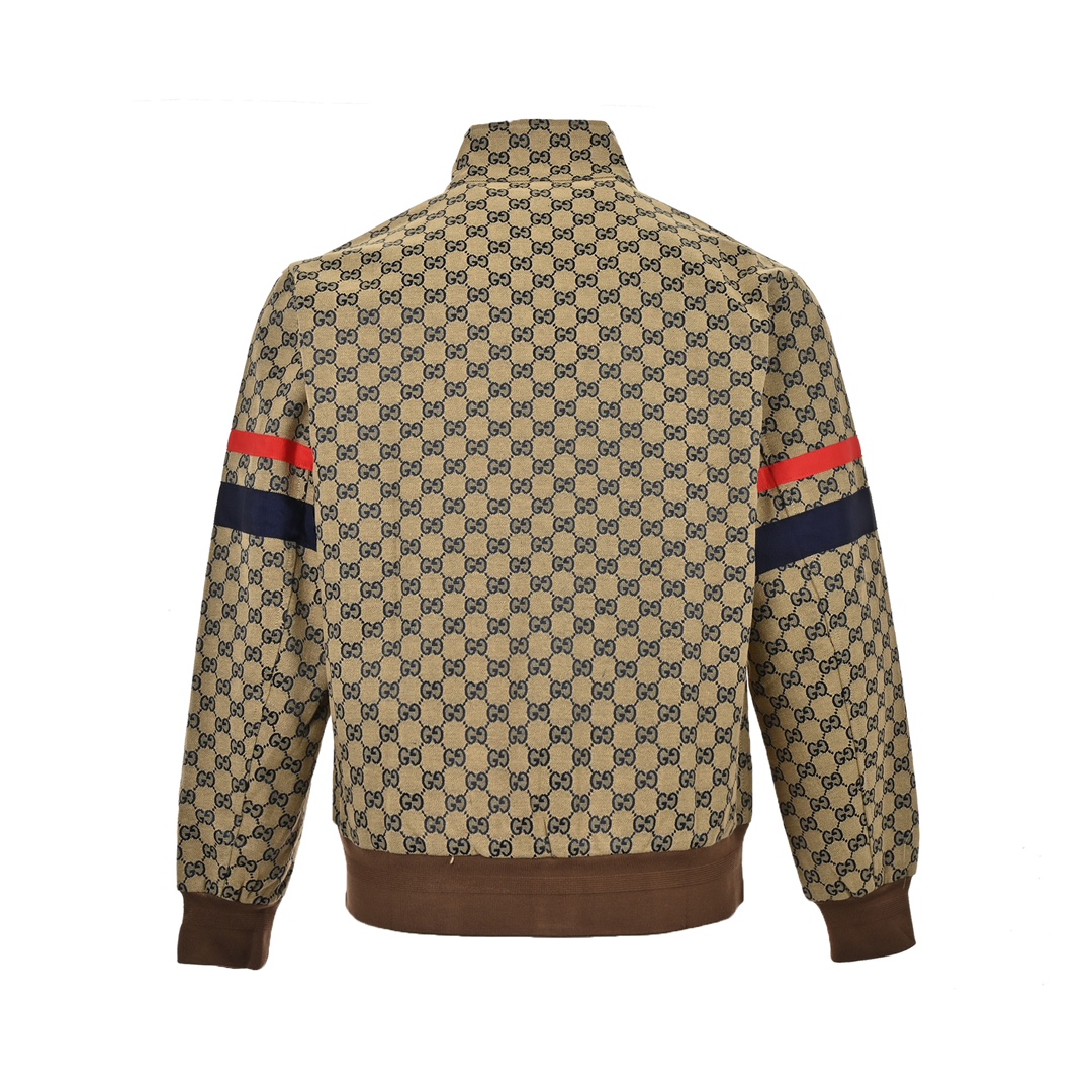 Gucci/古驰 23Fw 满印双G提花帆布高领夹克外套 衣袖红蓝织带拼接设计衣领处灯芯绒内里