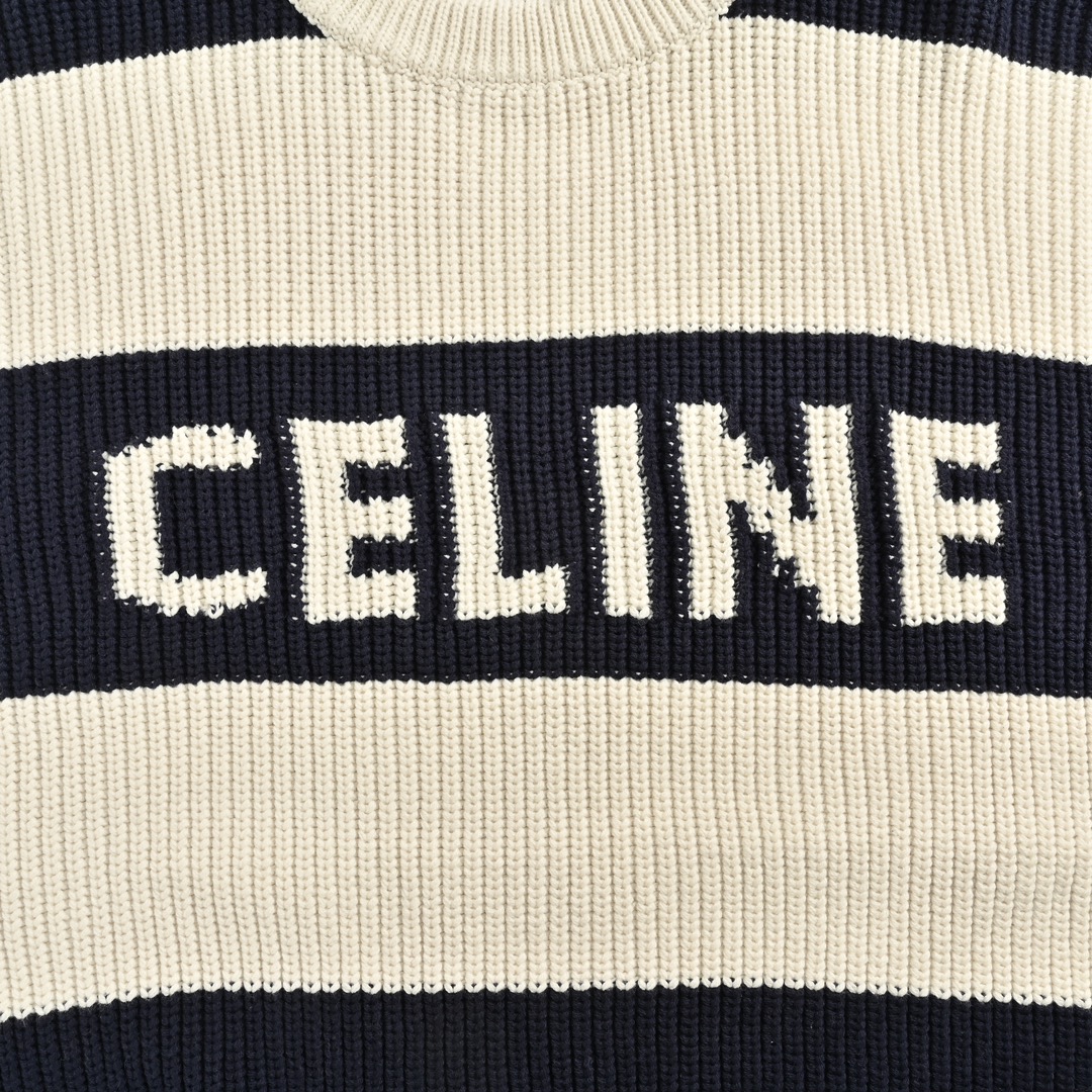 Celine/赛琳 24Fw 黑白粗条纹字母圆领毛衣