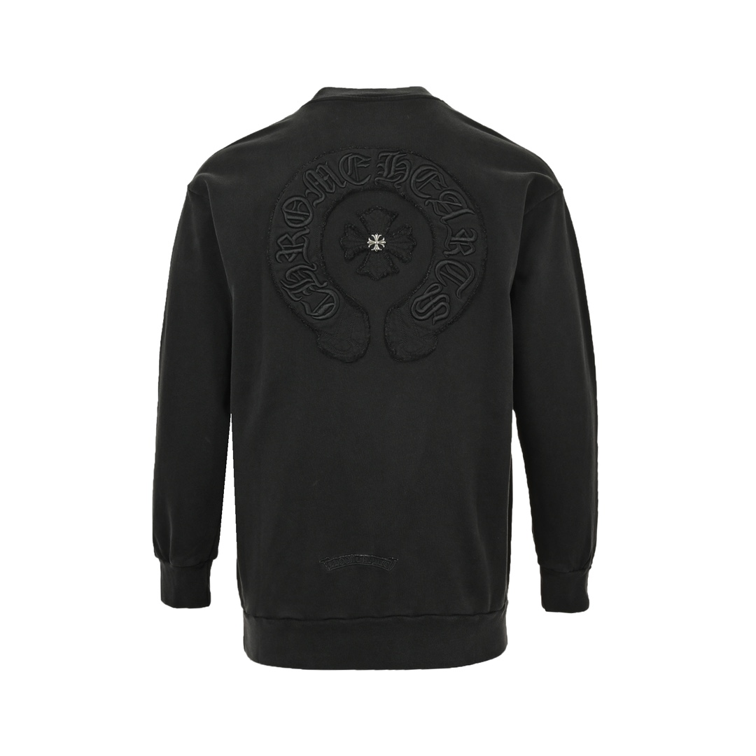 Chrome Heart/克罗心 做旧烧花贴布圆领卫衣 克罗_ch 2024秋冬款美式酸洗做旧激光烧花贴布绣圆领卫衣质感纹路潮牌十足原身布激光烧花十贴布绣字母刺绣金属十字架点缀下摆 宽松收口 双层面料 收口效果好 精致锁边 颜色:水洗黑 杏色 现货秒发