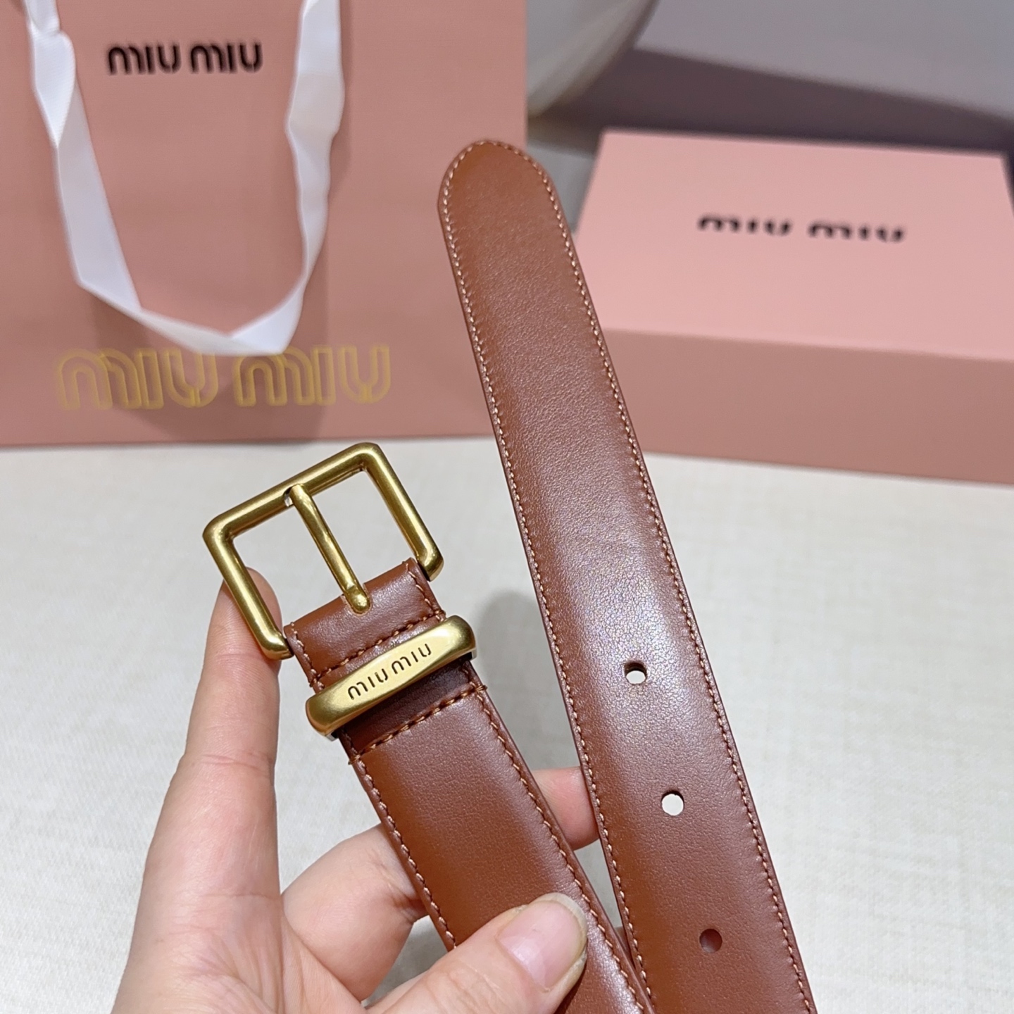 3 0cm缪缪miu min腰带 双面头层牛皮 铜五金针扣扣