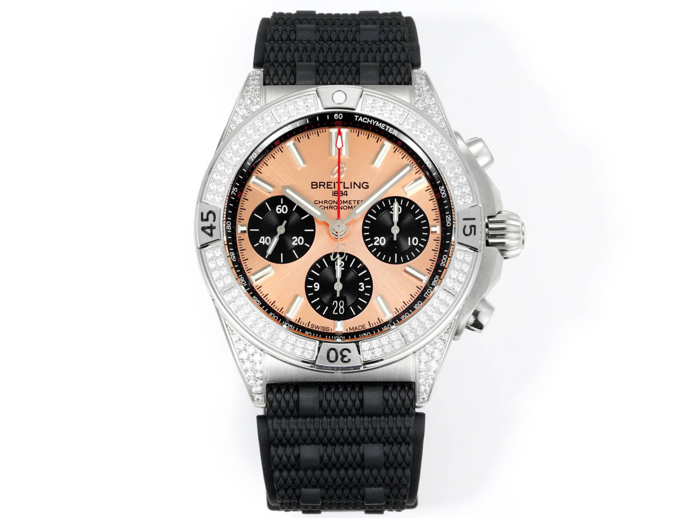 NO:151107,BLS Breitling Mechanical Timer Series, the pinnacle of precision timepieces is equipped with the independently developed high-performance mechanical B01 movement, equipped with a one-way rotating bezel and chronograph function, fluorescent pointer and scale with luminous coating, ensuring clear reading of time all day. The diameter of the watch is 42mm, taking into account the comfort and visual tension of wearing. The diamond ring version uses natural diamonds to surround the bezel, and the cutting process is accurate. The diamond ring version is supported by the double blessing of 