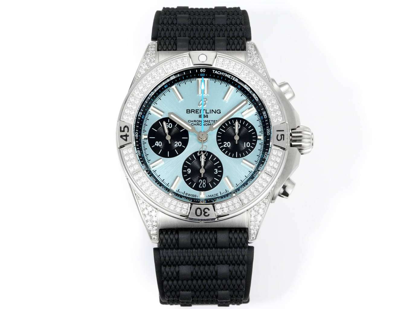 NO:151113,BLS (tape/steel belt) is optional, Breitling mechanical chronograph series, the pinnacle of precision timepieces is equipped with the independently developed high-performance mechanical B01 movement, equipped with a one-way rotating bezel and chronograph function, fluorescent pointer and scale with luminous coating, ensuring clear reading of time all day. The diameter of the watch is 42mm, taking into account the comfort and visual tension of wearing. The diamond ring version uses natural diamonds to surround the bezel, with accurate cutting process. The diamond ring version is supported by the double blessing of 