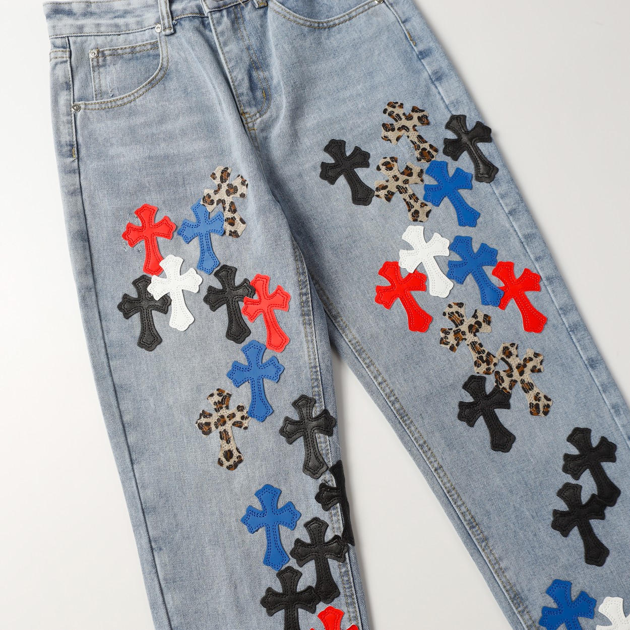 Chrome Hearts Jeans with Leopard Print Cross Patches, Blue Denim Pants 3 a1713191376142 4001