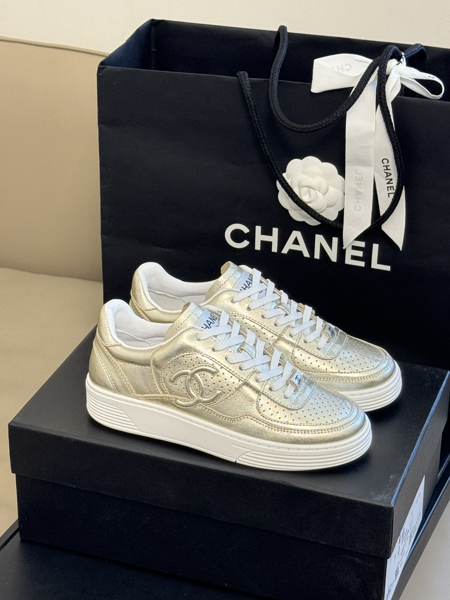 Chanel Shoes Sneakers Gold Silver Canvas TPU Spring/Summer Collection Sweatpants