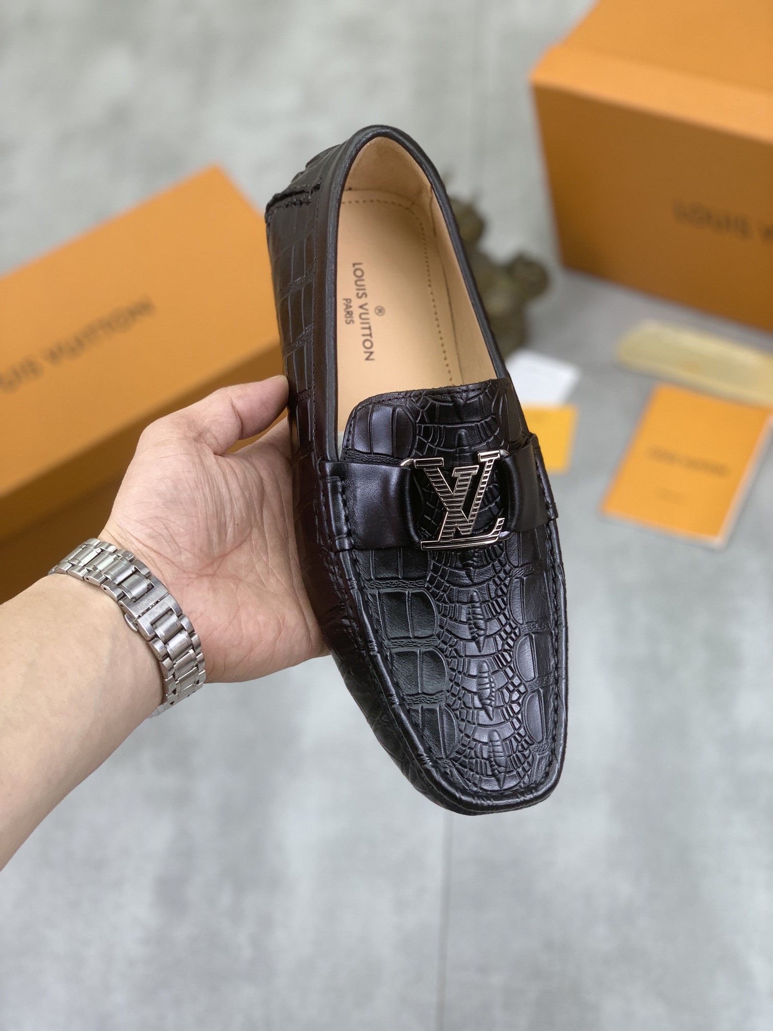 Louis Vuitton Shoes Moccasin Black Cowhide Pig Skin Rubber